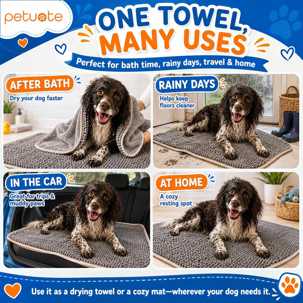 Pet 2-In-1 Dog Towel & Mat – Transforms from Drying to Bath Mat, Ultra Soft, Absorbent & Quick-Drying, Machine Washable Dog Towels with Detachable Non-Slip Mat and Hand Pockets (Medium)