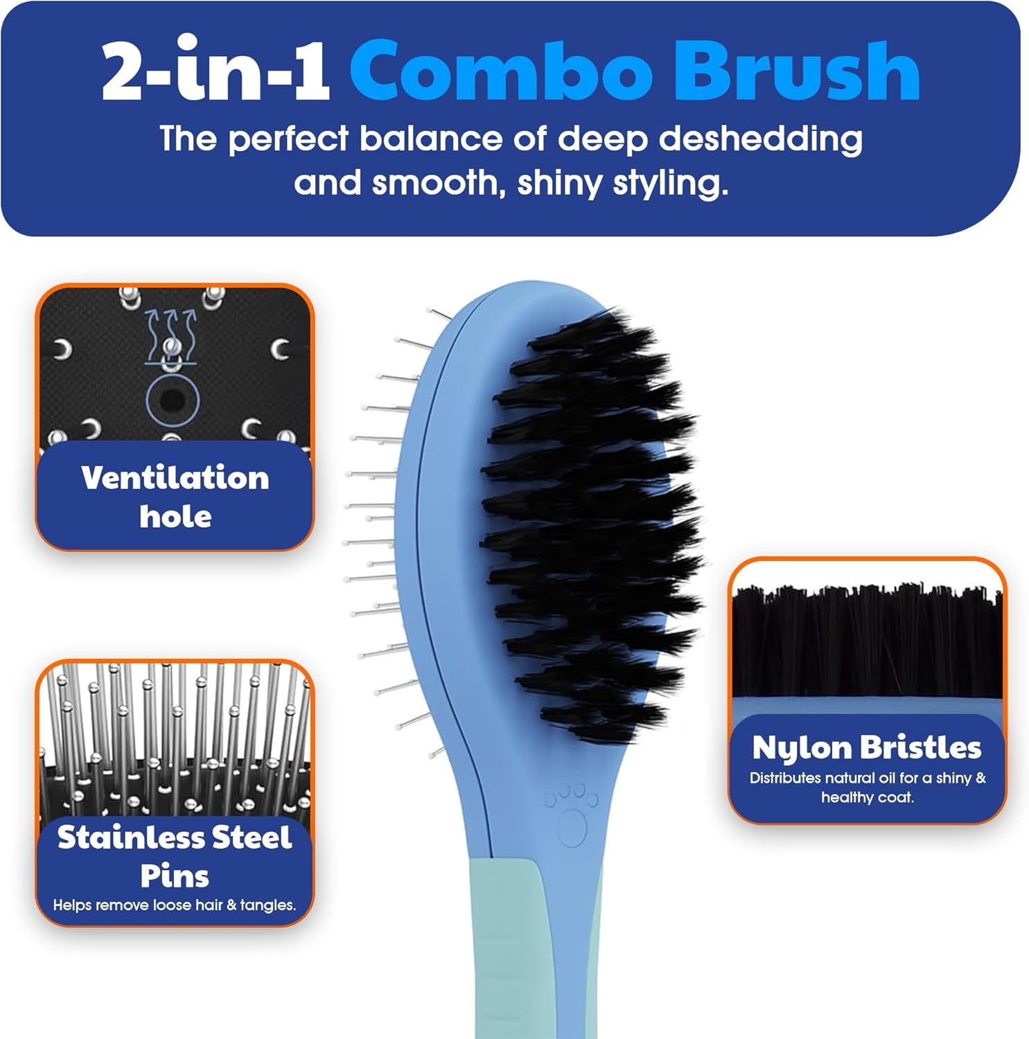 AKC 2-In-1 Grooming Brush for Dogs & Cats, Deshedding & Detangling | Dense Nylon Bristles Remove Loose Hair from Short- and Long-Coat Dogs and Cats of All Breeds.