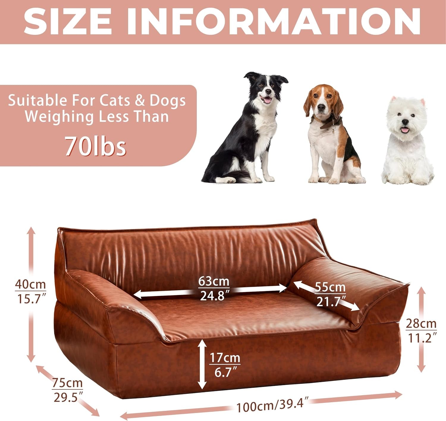 Large Leather Dog Sofa Pet Bed Couch for Large and Medium Dogs under 70 Lbs | Brown Luxurious Vintage Elevated Dog Sofa, Chaise Indoor Furniture Style Pet Supplies Low Maintenance