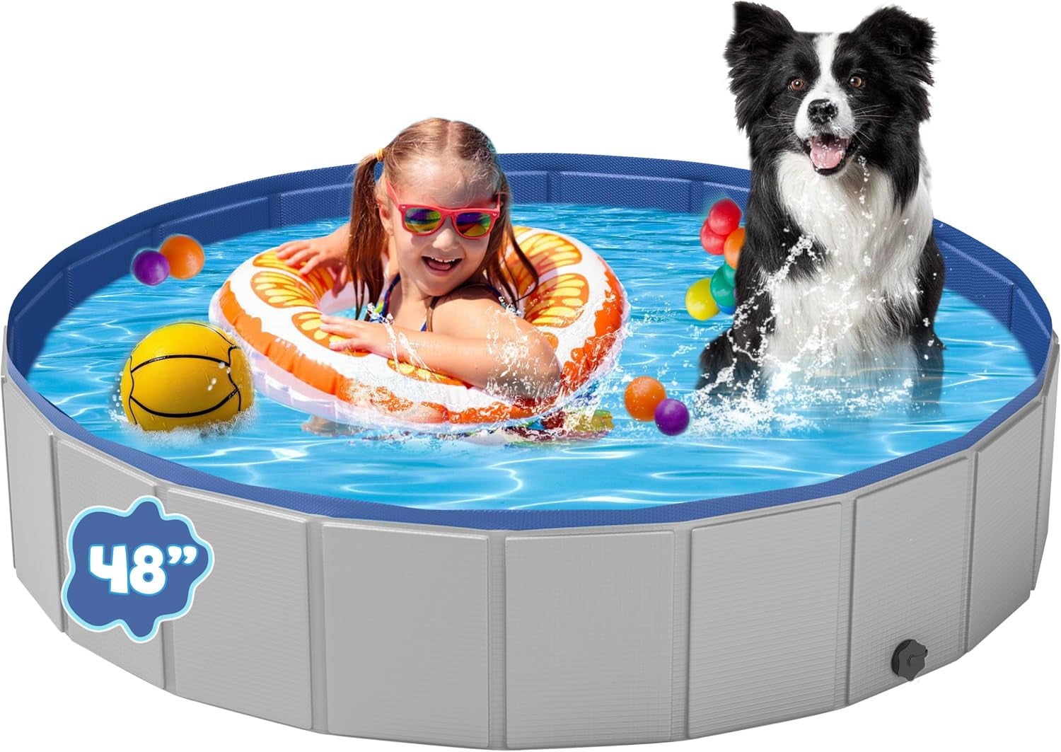 Dog Pool for Large Dogs, Foldable Plastic Pool for Dogs Slip-Resistant (XL - 63'' X 12'')