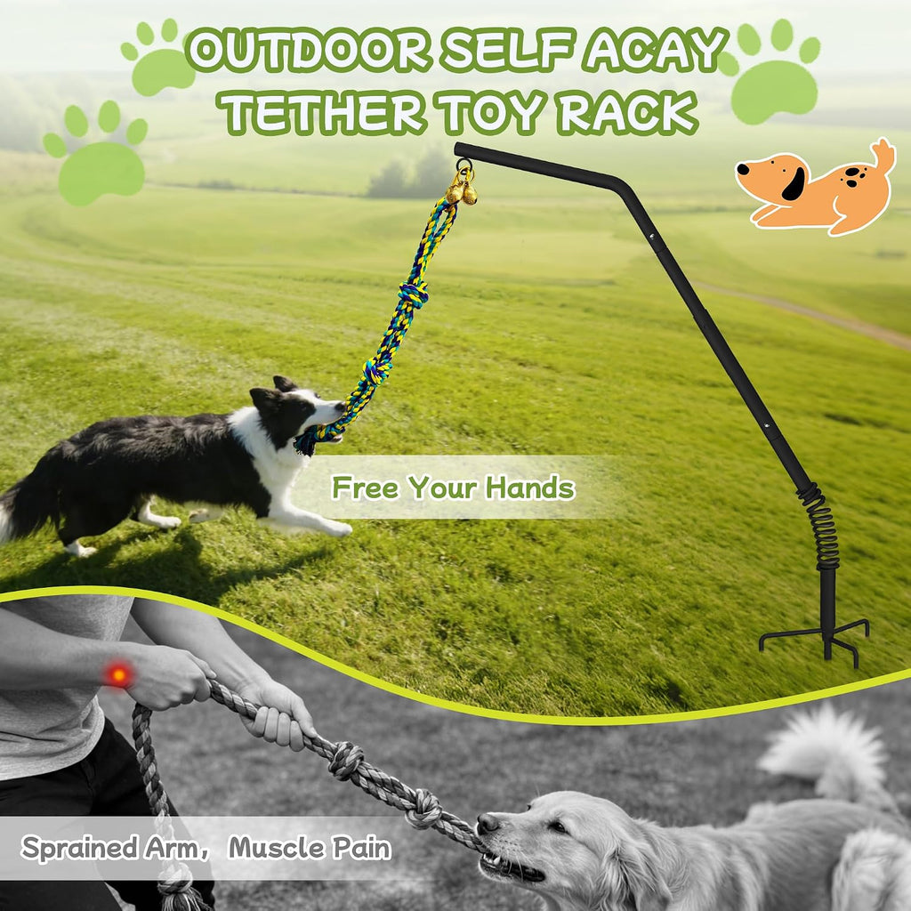 Tether Outdoor Dog Rope Toy with Adjustable Height Spring Pole, 3 Kinds Dog Tug of War Toys for Self Play and Interactive in Park, Yard, Lawn Rope, Suitable for Energetic Dog(45.5″)