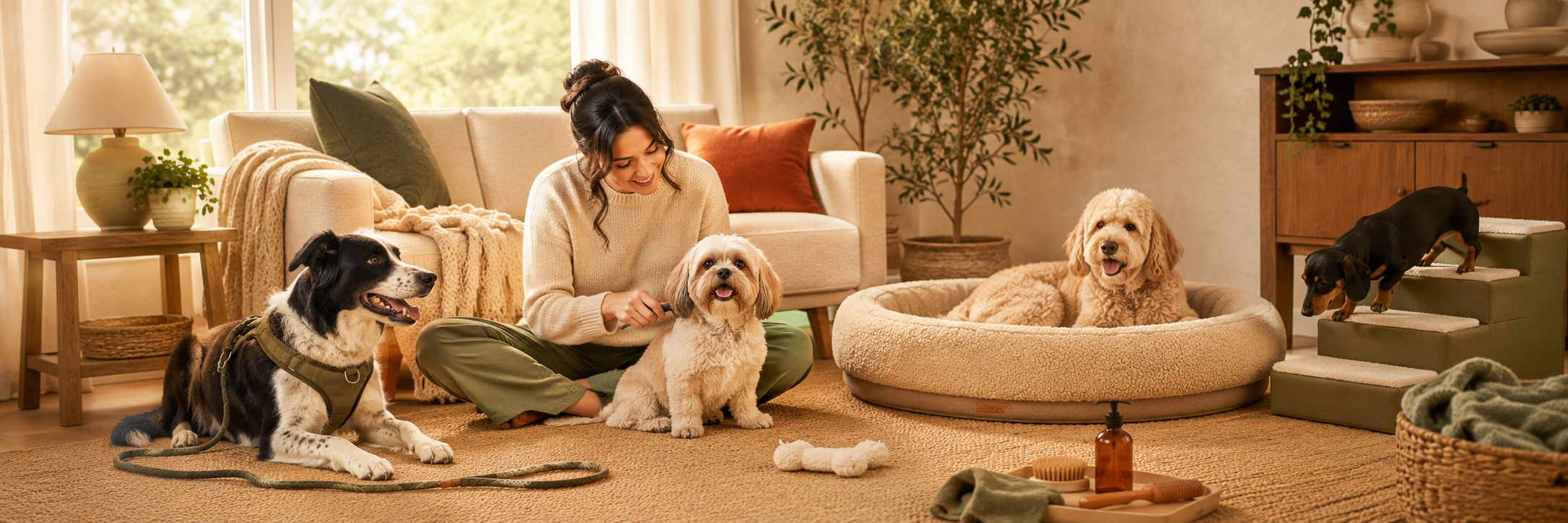 Dog parent with multiple dogs in a cozy home setting featuring everyday pet care, comfort, walking, and grooming essentials.