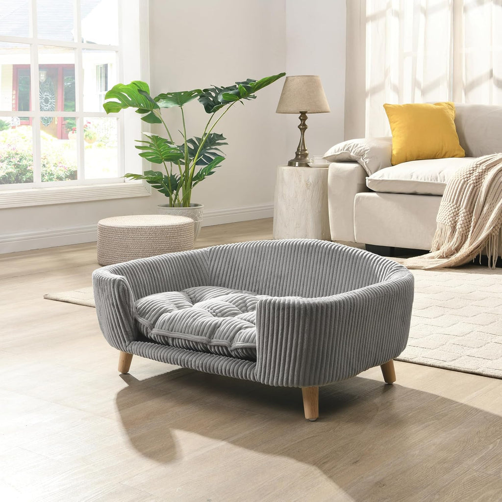 Elroy Orthopedic Dog Bed, Elevated Dog Sofa Bed for Small Dog, Supportive Foam Pet Couch Bed with Wooden Legs, Modern Pet Sofa Bed, Gray