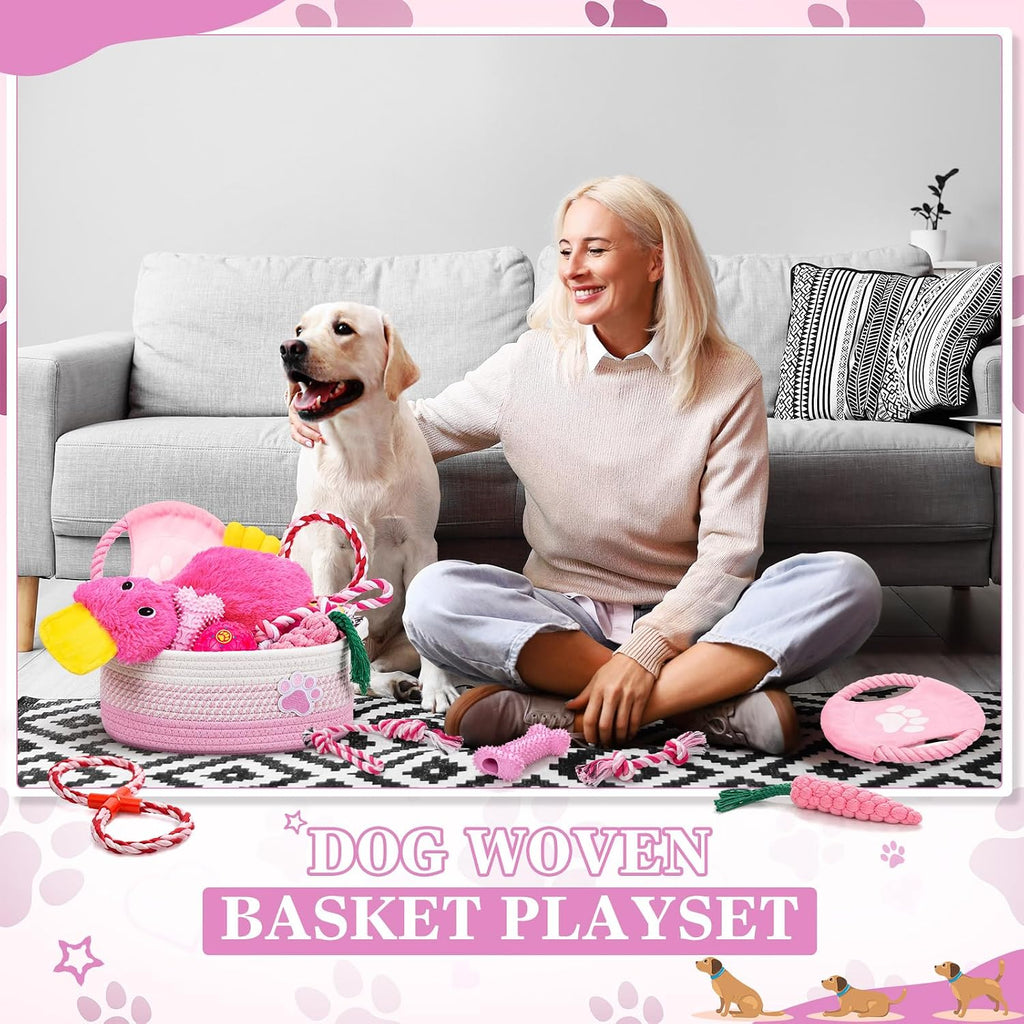 Puppy Dog Toy Gift Storage Basket with Dog Toys Set Chew Toys Birthday Gift Basket Teething Interactive Squeaky Duck for Teething Small Medium Large Dogs(Pink)