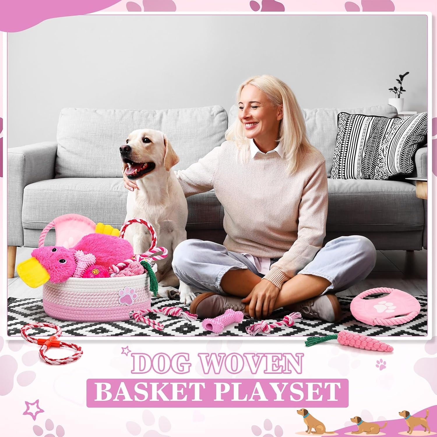 Puppy Dog Toy Gift Storage Basket with Dog Toys Set Chew Toys Birthday Gift Basket Teething Interactive Squeaky Duck for Teething Small Medium Large Dogs(Pink)