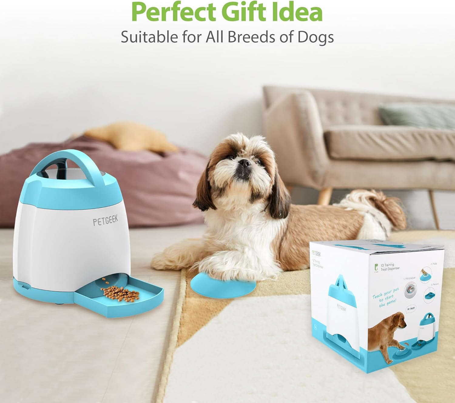 Automatic Dog Treat Dispenser, Interactive Pet Toy Food Dispensing for IQ Training, Dog Food Dispenser with Button Remote Push, Dual Power Supply for Indoor Outdoor Use, Blue