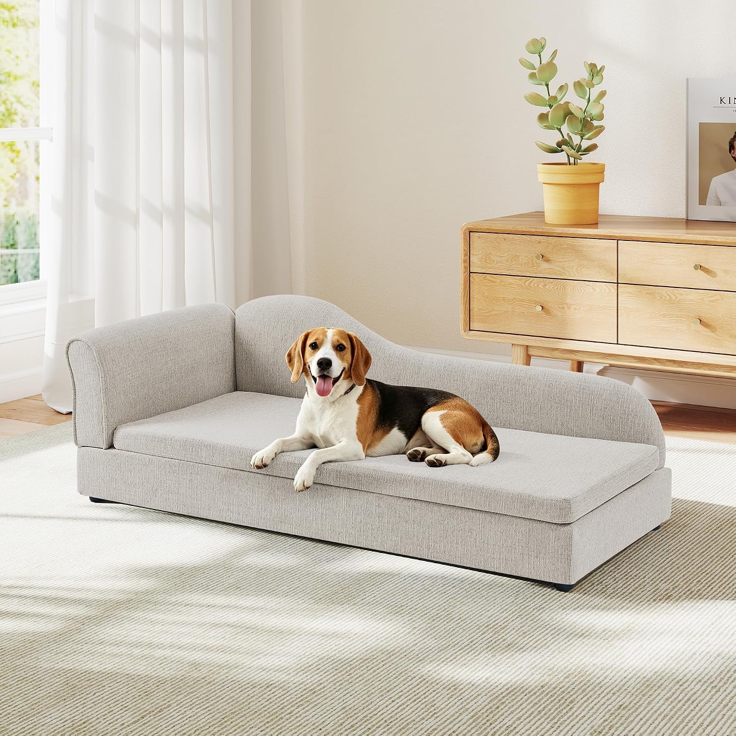 Dog Couch for Medium and Large Dogs, 55 X 26 X 18.5 Inch Pet Sofa Bed with Wave Backrest, Single Armrest, Breathable Linen Cushion, Low Feet, Beige