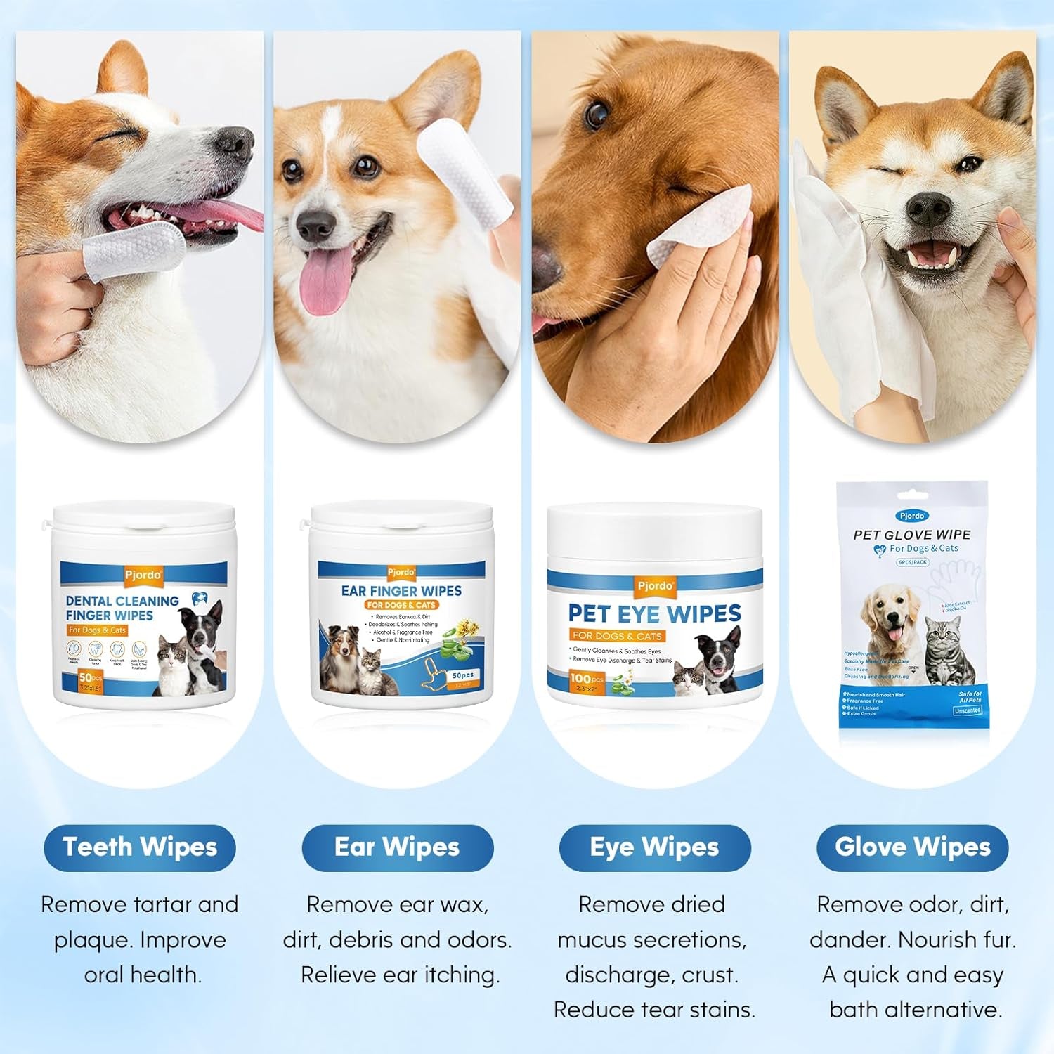 Pet Essential Supplies for Dog & Cat, Cleaning Kit for Whole Body, Pet Wipes Cleaning Deodorizing, Grooming Wipes & Paw Cleaner, Finger Wipes for Teeth, Ear & Eyes, Suitable for Daily Care
