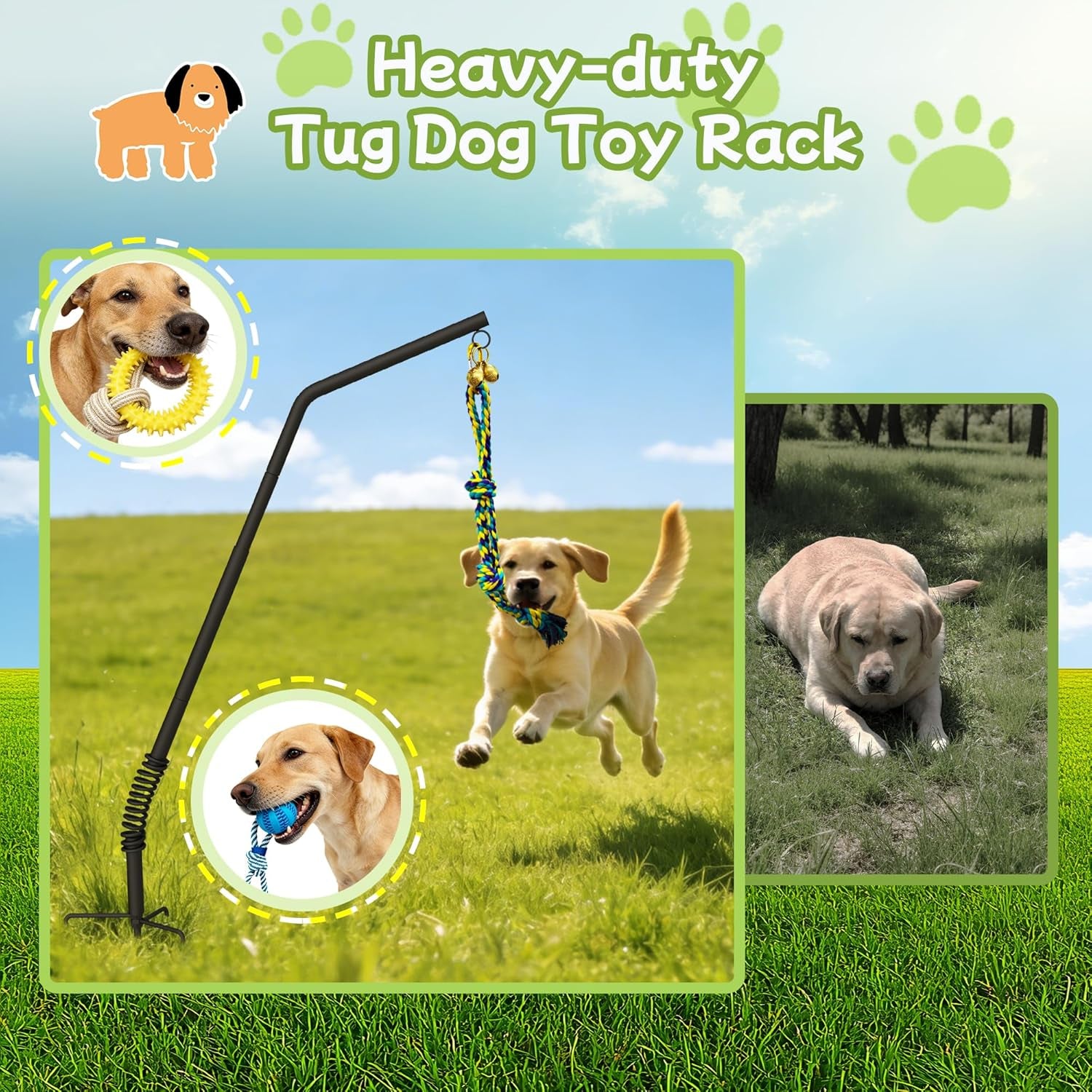 Tether Outdoor Dog Rope Toy with Adjustable Height Spring Pole, 3 Kinds Dog Tug of War Toys for Self Play and Interactive in Park, Yard, Lawn Rope, Suitable for Energetic Dog(45.5″)