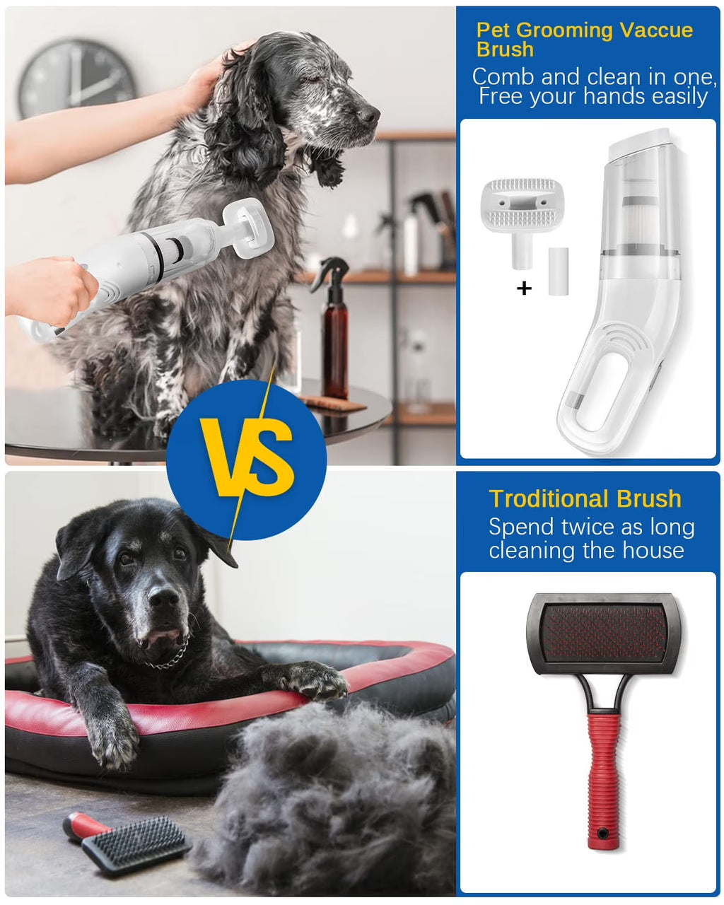 5-In-1 Handheld Pet Hair Vacuum & Grooming Brush, Low Noise Pet Vacuum for Shedding Grooming with Slicker Brush, Wireless Pet Vacuum Cleaner for Cats Dogs Hair