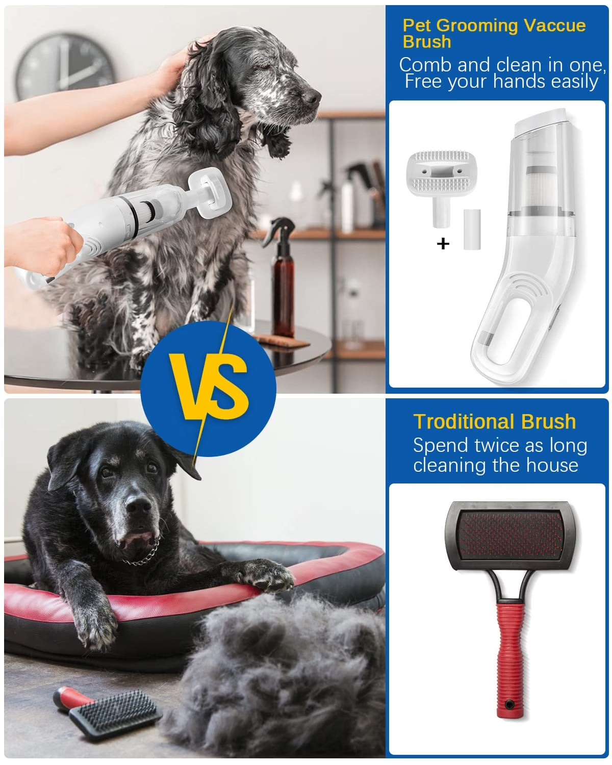 5-In-1 Handheld Pet Hair Vacuum & Grooming Brush, Low Noise Pet Vacuum for Shedding Grooming with Slicker Brush, Wireless Pet Vacuum Cleaner for Cats Dogs Hair