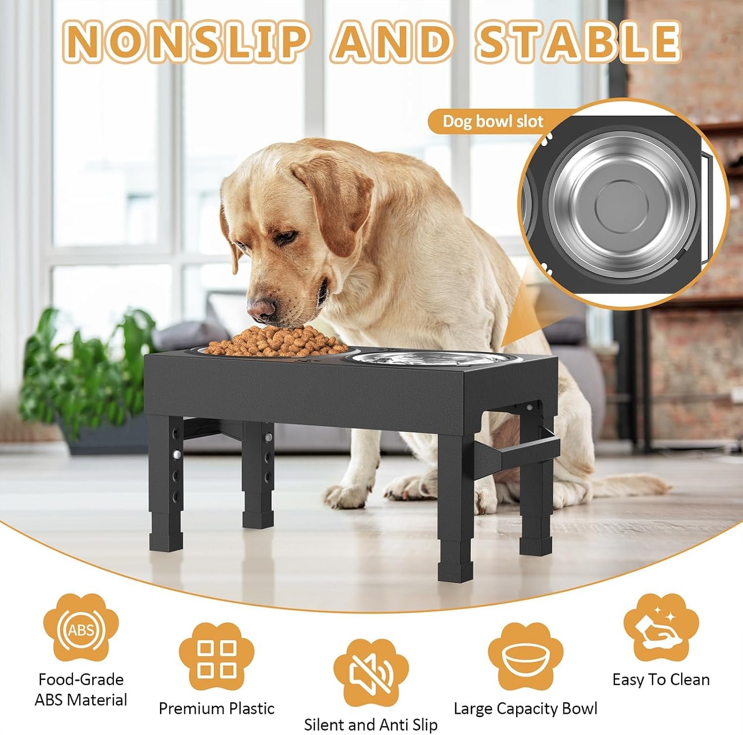 Elevated Dog Bowls Stand Large Breed, Height Adjustable Raised Dog Bowls Holder with 2 Stainless Steel Food Bowls for Small, Medium and Large Canine，Black