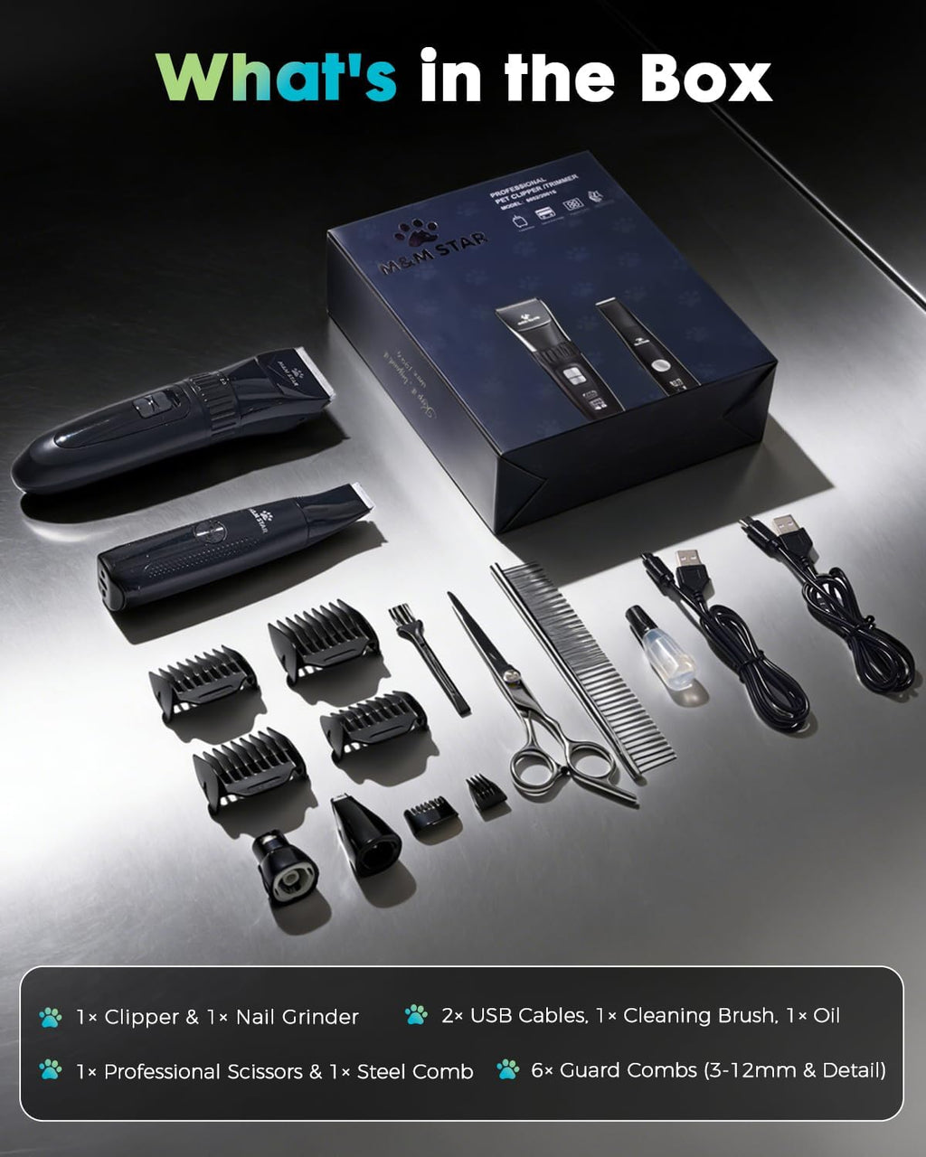 Dog Grooming Kit, Quiet Dog Clippers for Grooming Heavy Thick Coats, Cordless Pet Hair Trimmer & Shaver with Paw Trimmer, Low Noise Rechargeable Clippers for Small Large Dogs Cats
