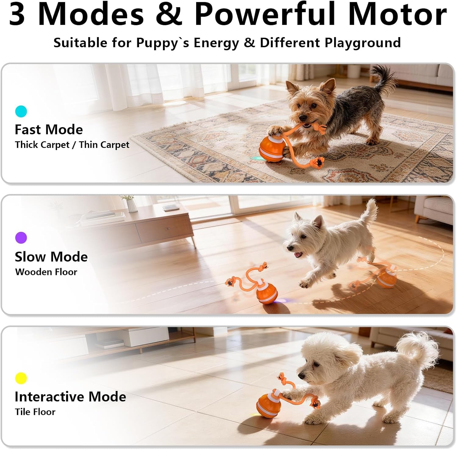Interactive Dog Toys Ball, 3 Modes & Powerful Motor, Random Movement & Swinging Rope, Bird Chirping Stimulate, USB C Rechargeable for Small Medium Dogs for Boredom, Anxiety Relief