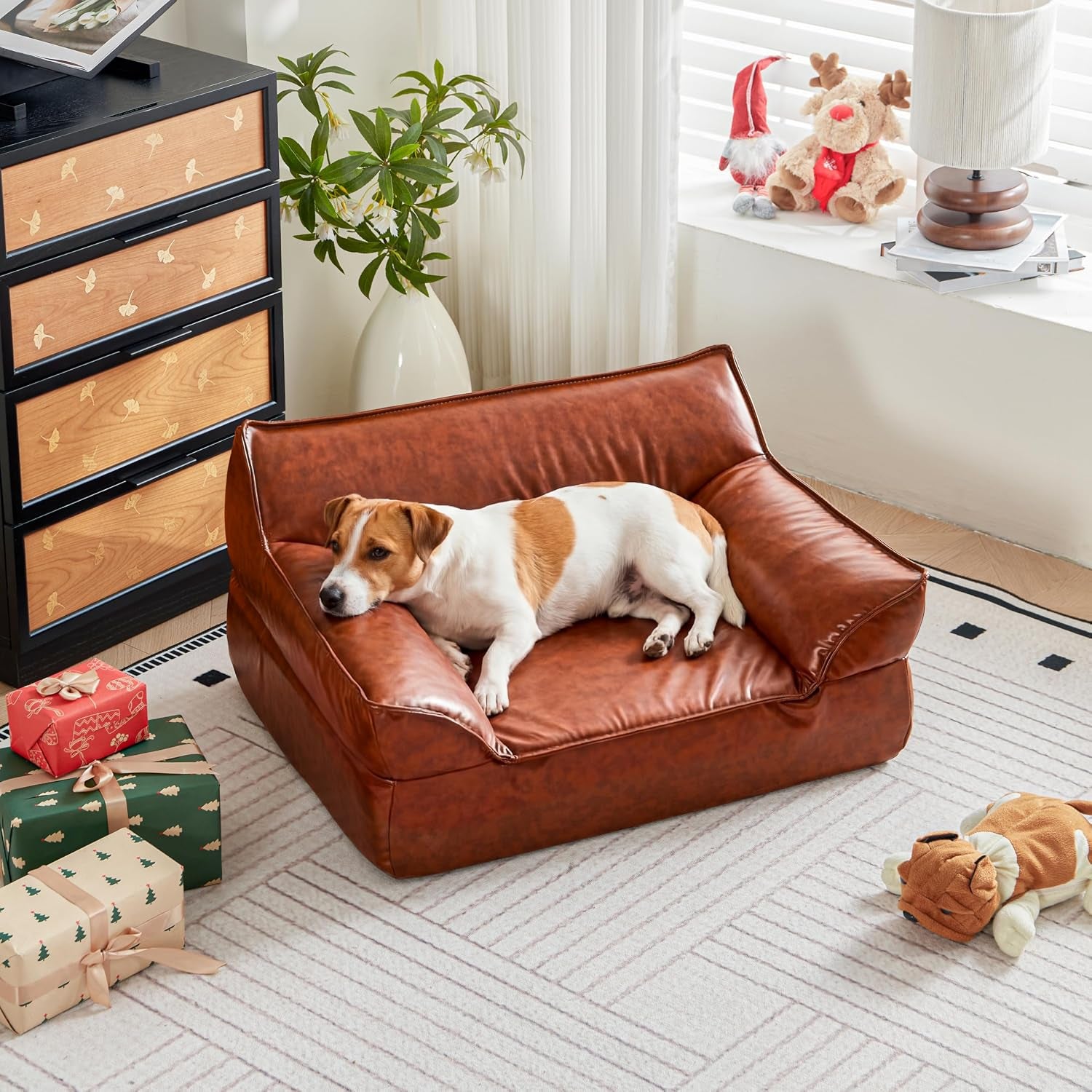 Large Leather Dog Sofa Pet Bed Couch for Large and Medium Dogs under 70 Lbs | Brown Luxurious Vintage Elevated Dog Sofa, Chaise Indoor Furniture Style Pet Supplies Low Maintenance
