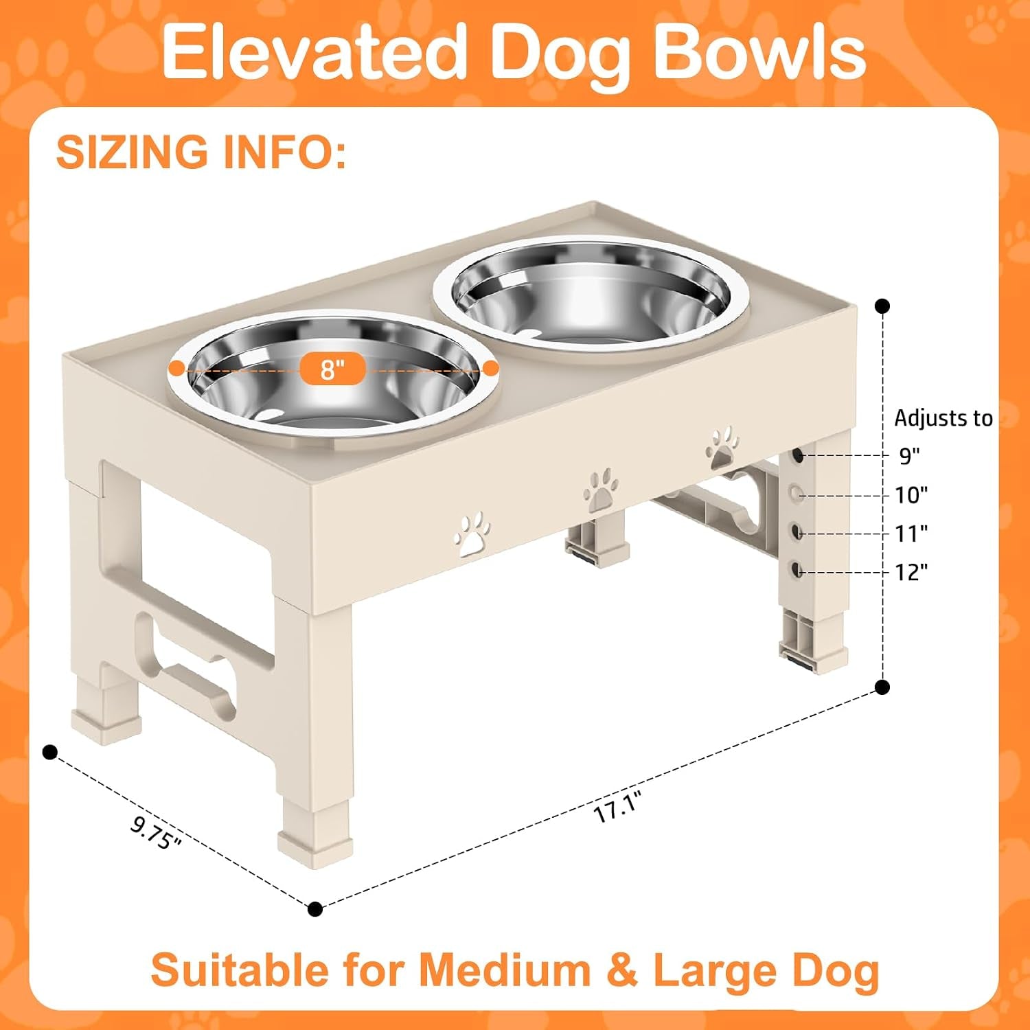Elevated Dog Bowls with 2 Stainless Steel Bowls, 5-Height Adjustable Stand (3.1", 9" to 12"), for Improved Digestion & Neck Support, Easy Clean, Non-Slip Base Raised Feeder for Medium Large Dogs