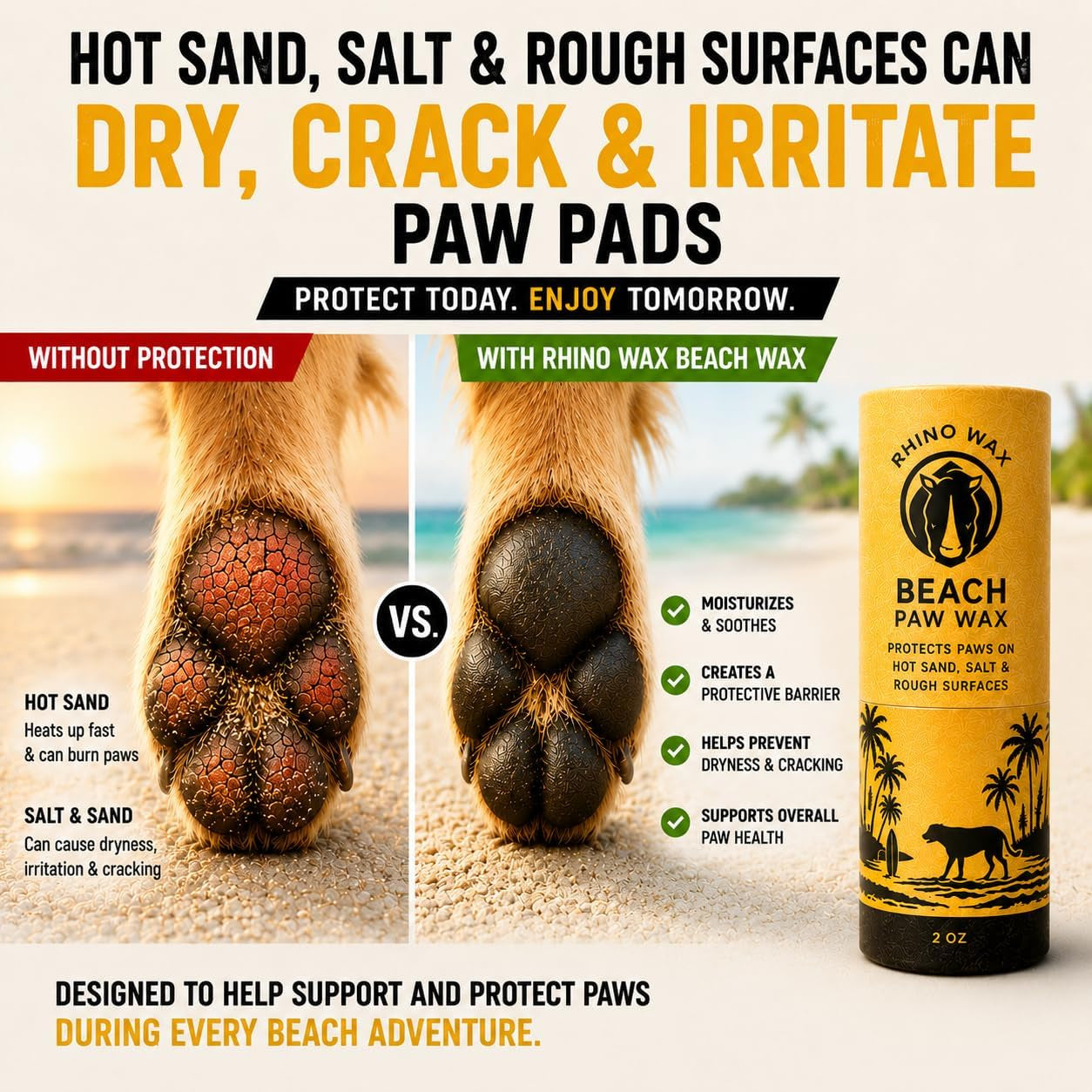 Beach Paw Wax for Dog Beach Essentials, Hot Sand, Rocks & Salt | Protect Dog Paws from Hot Sand, Shells and Beach Terrain with Beach Wax Made for Seaside Adventures and Summer Travel.