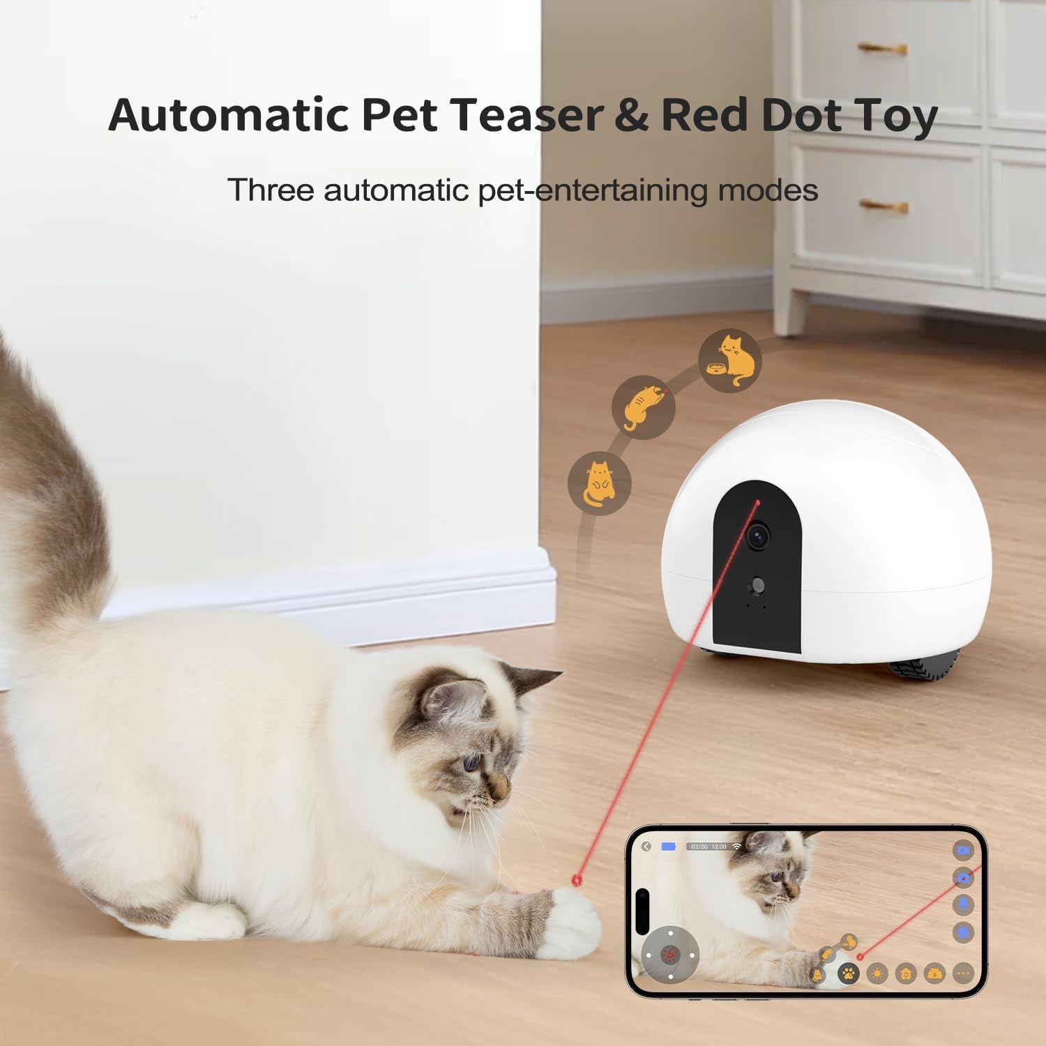 Pet Camera Robot with Treat Dispenser, Moving Cat Camera for Cats & Dogs, Remote Control Pet Monitor with 1080P HD Video, Two-Way Audio, Night Vision, Laser Toy, Auto Recharge & App Control