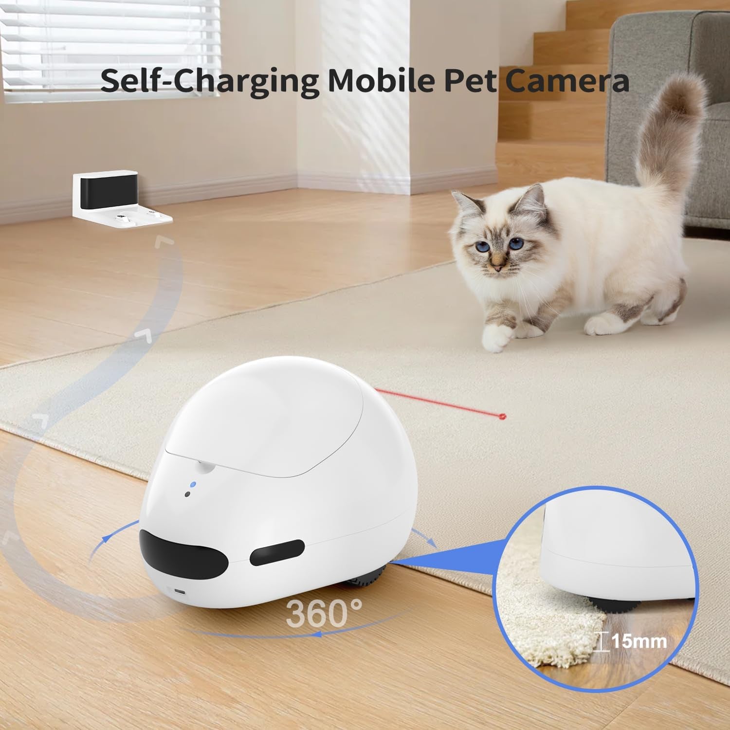Pet Camera Robot with Treat Dispenser, Moving Cat Camera for Cats & Dogs, Remote Control Pet Monitor with 1080P HD Video, Two-Way Audio, Night Vision, Laser Toy, Auto Recharge & App Control