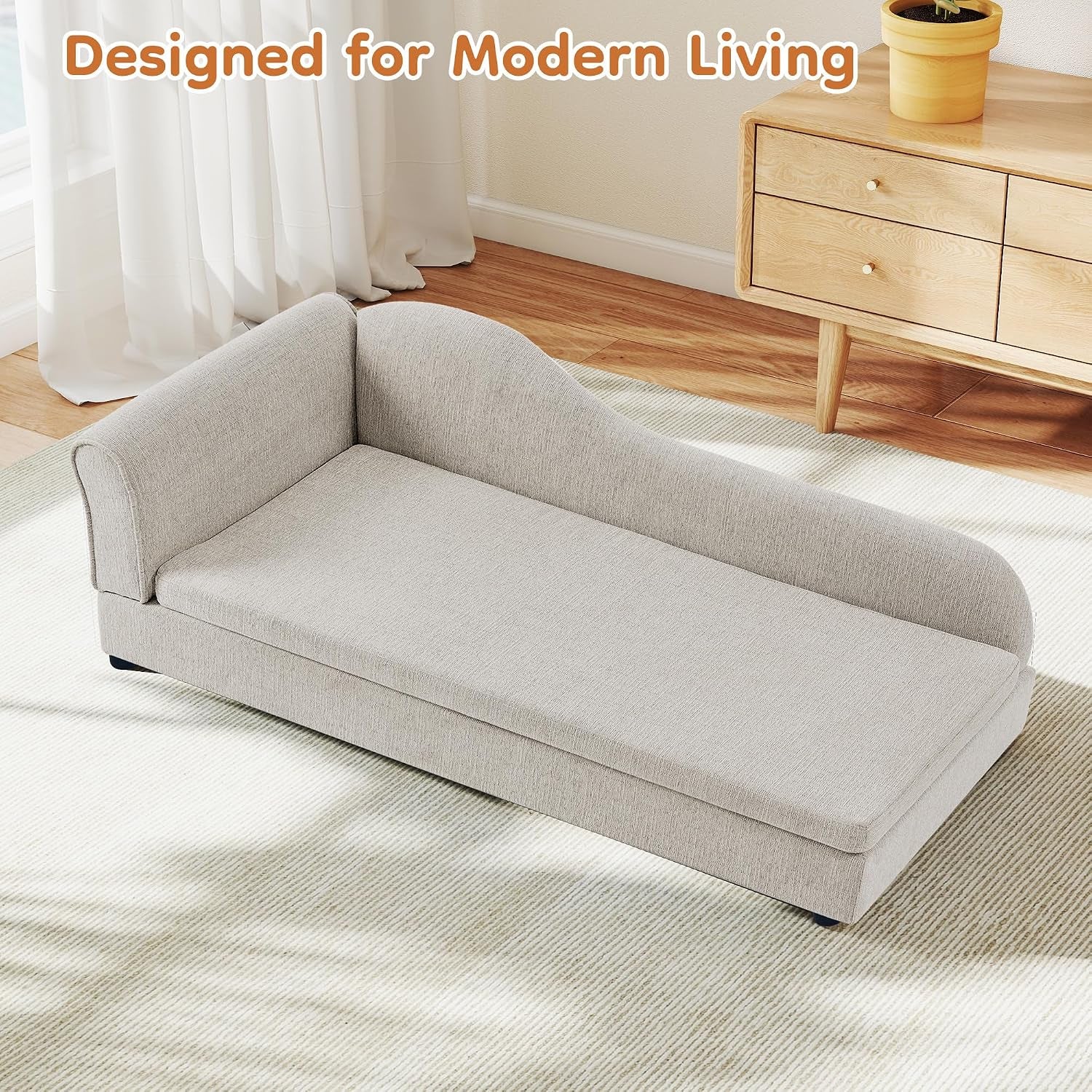Dog Couch for Medium and Large Dogs, 55 X 26 X 18.5 Inch Pet Sofa Bed with Wave Backrest, Single Armrest, Breathable Linen Cushion, Low Feet, Beige