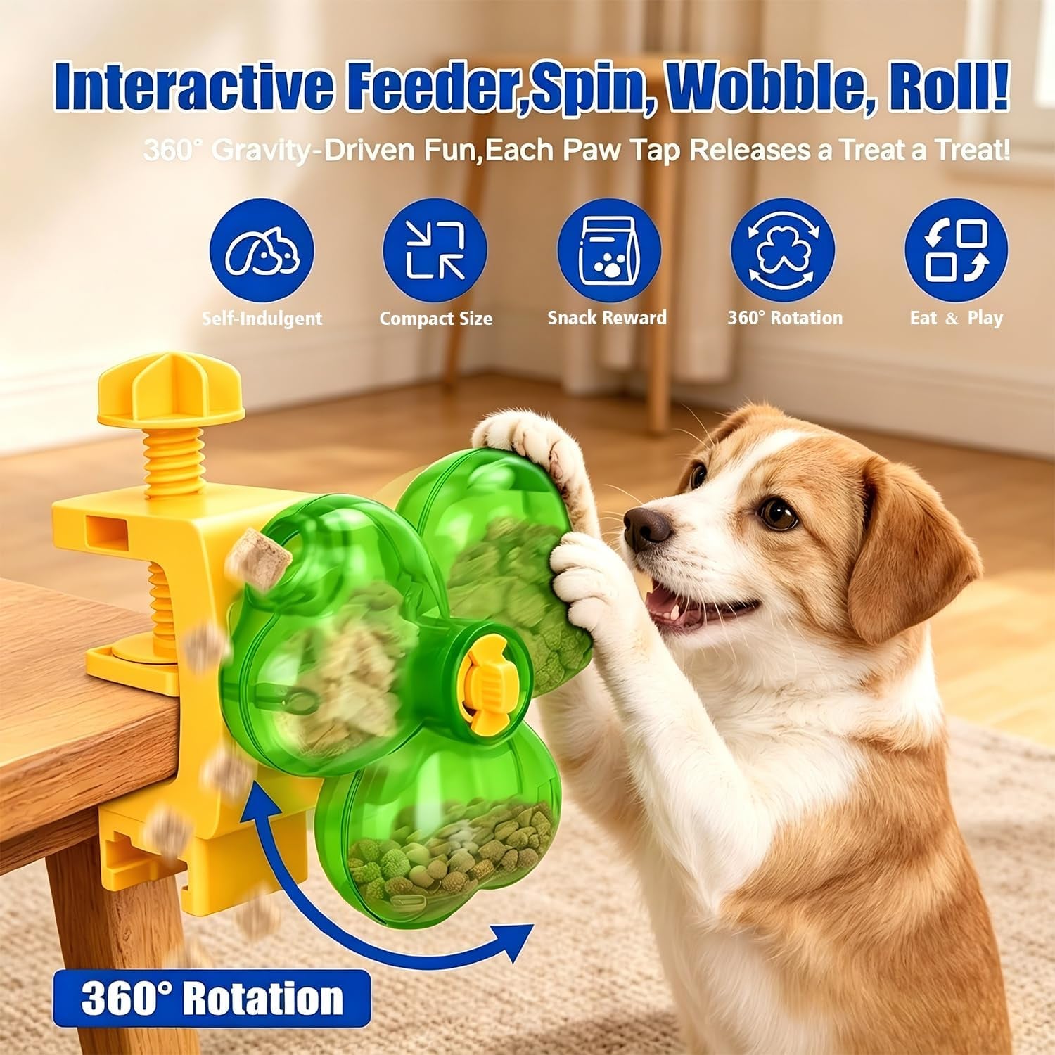 Interactive Dog Puzzle Toy, Treat Dispensing Dog Toy with 3-Chamber Design for Dogs & Cats, Space-Saving Clamp-On Food Dispenser for IQ Training & Enrichment, Ideal for Table, Door & Desk