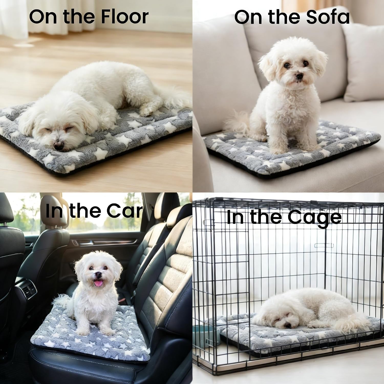 Dog Bed Mat, Reversible Dog Crate Pad for Small Medium Dogs & Cats, Soft Washable Kennel Mat with Non-Slip Bottom, Lightweight Pet Bed for Crate, Cage, Home and Travel(Gray Star, 24" L*18" W*1.5" Th)