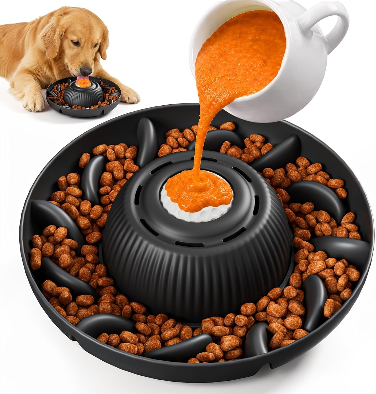 Slow Feeder Dog Bowls 2 in 1 Liquid Treat Dog Lick Mat Cat Bowl – anti Slip 5‑Cup Large Capacity Liquid and Kibble Food Treat Dispenser for Slowing down Eating for Large Medium Small Dogs (Black)