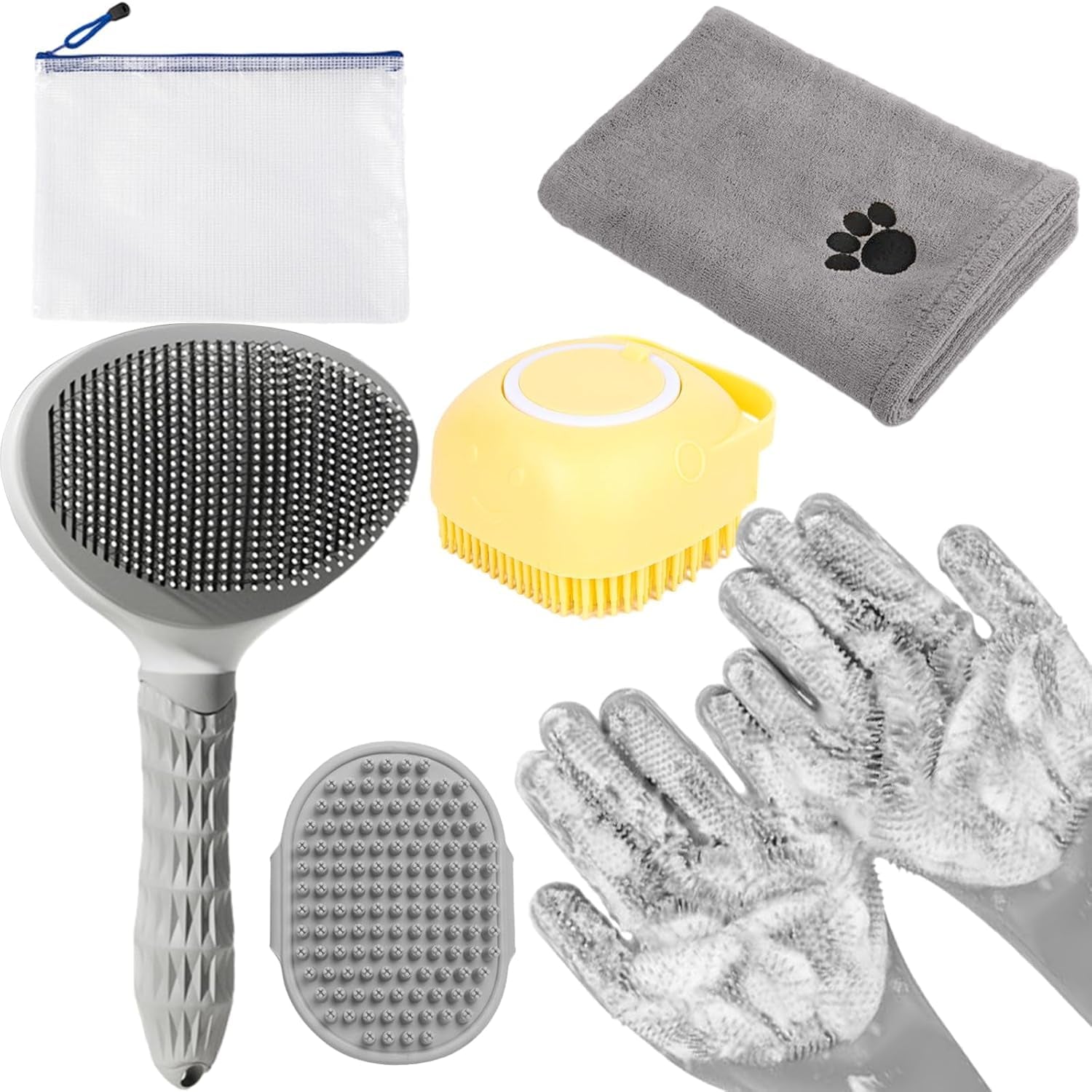 Bath Grooming Kit for Pets - Hair Brush Set with Towel, Washing Gloves, and Shampoo Scrubber Brush for Dogs and Cats (Pink)