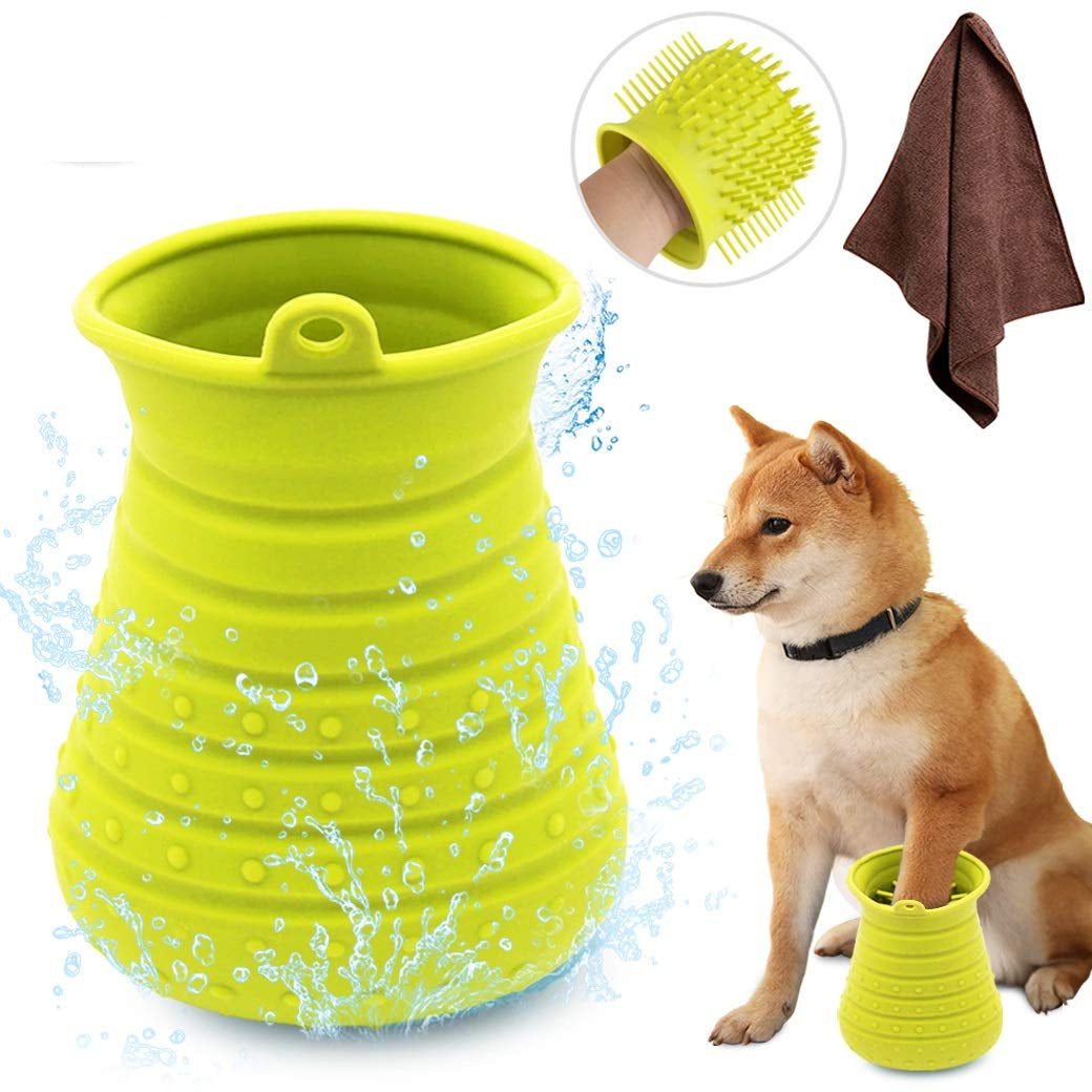 Dog Paw Cleaner Cup with Towel Pet Foot Washer Protable Dogs Cleaning Brush for Puppy Cats Massage Grooming Dirty Claws (Purple)