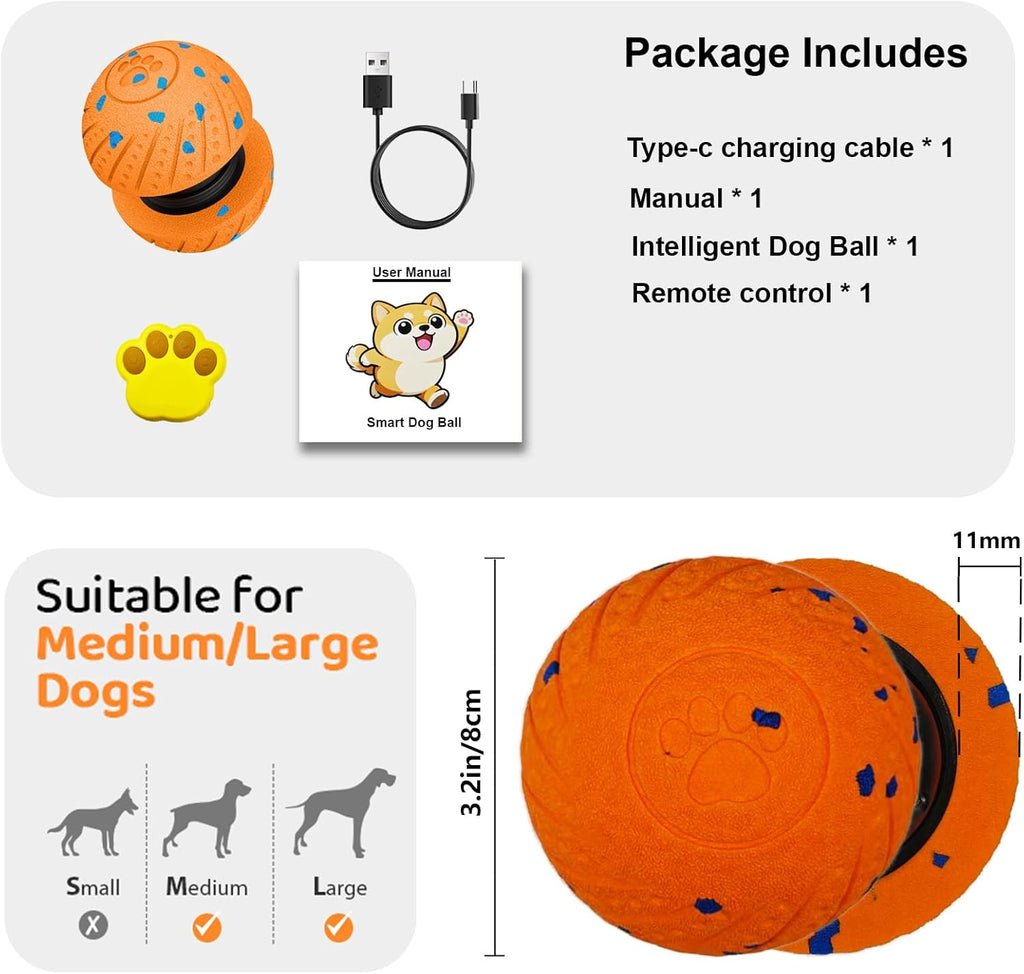 Interactive Dog Toy Ball with Remote: Automatic Bouncing, Vibration and Jumping Action Interactive Toy, Durable Duraspin for Aggressive Chewers, Rechargeable, for Indoor & Outdoor Use Orange.