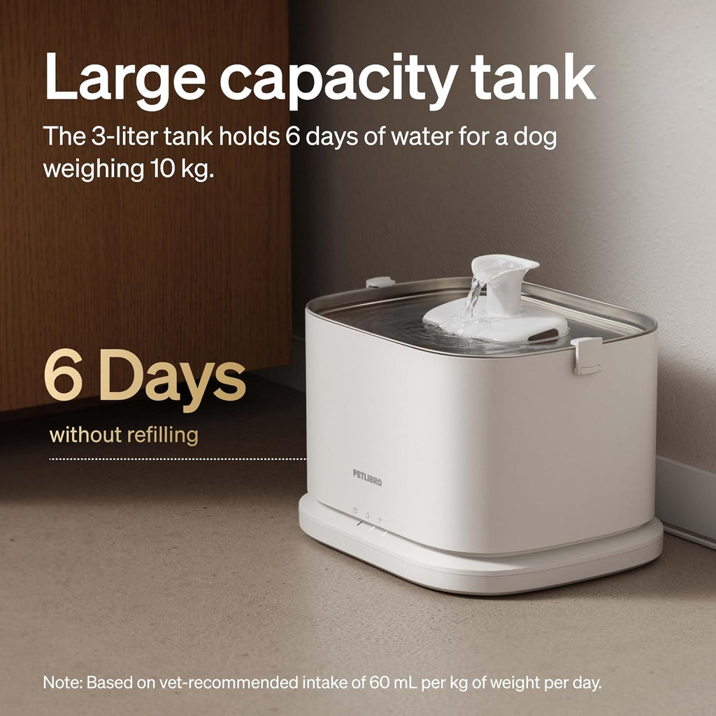 PETLIBRO Quiet Dog Water Fountain Stainless Steel Tray, Smart Pet Water Fountain for Dogs inside with App Monitoring, 3L Dog Fountain Water Bowl, Automatic Water Dispenser for Dogs, Cat Water Fountain
