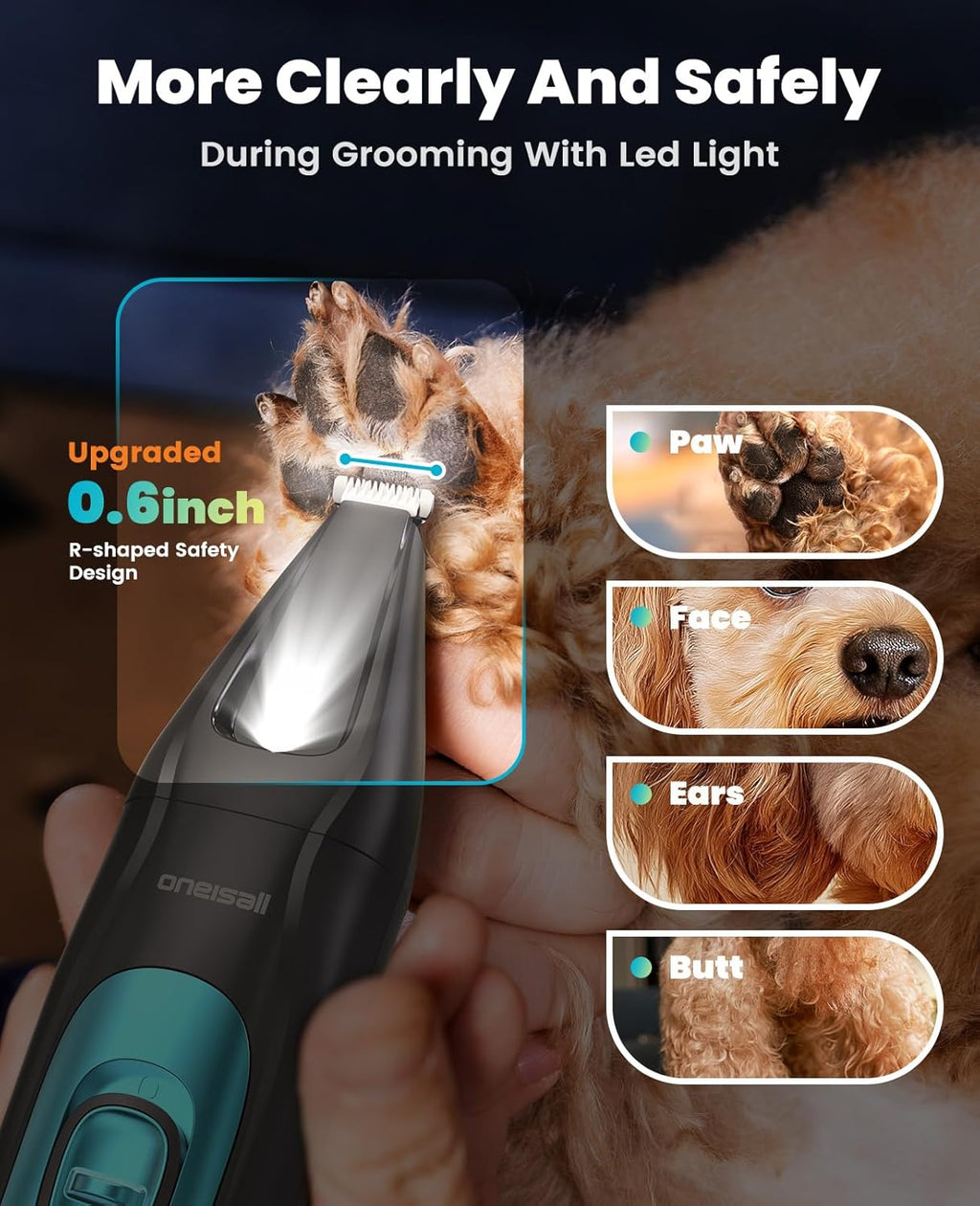 Professional 4-In-1 Dog Grooming Kit with LED Light | Quiet Clippers & Nail Grinder, Cordless, 3.7 Hrs Runtime, LED Display, Safe for Paws, Face, Ears & Body