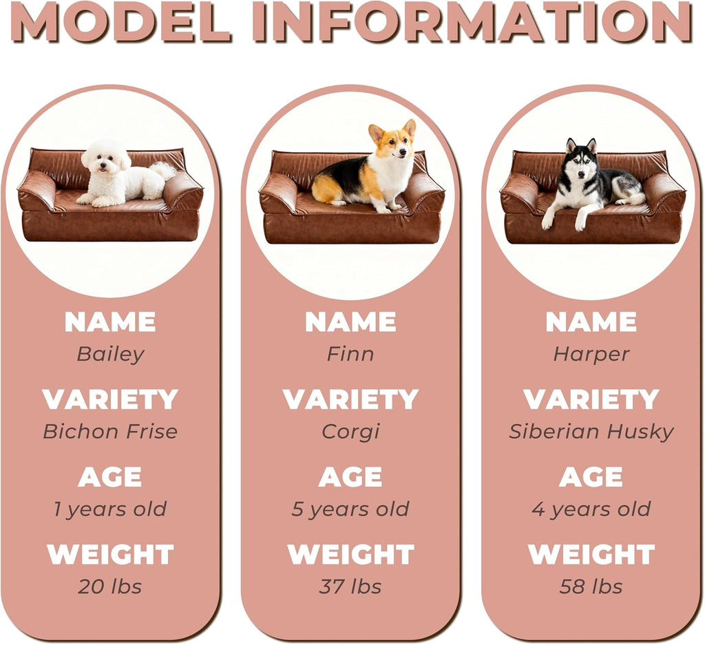 Large Leather Dog Sofa Pet Bed Couch for Large and Medium Dogs under 70 Lbs | Brown Luxurious Vintage Elevated Dog Sofa, Chaise Indoor Furniture Style Pet Supplies Low Maintenance
