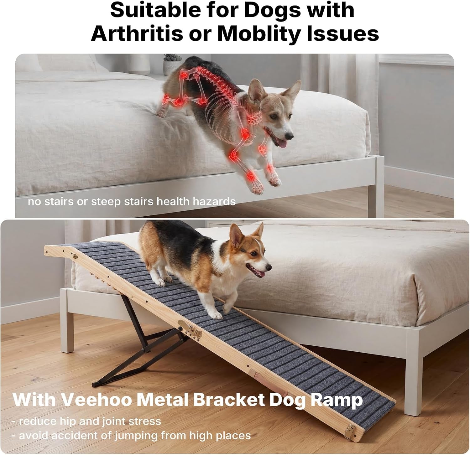 Folding Dog Ramp for Bed Couch for Small Dogs Height 20" to 31" | 65" Long Portable Pet Ramp for Bed Car 5 Adjustable Height Doggie Dachshund Senior Dog Ramps with Steel Bracket, up to 220Lbs