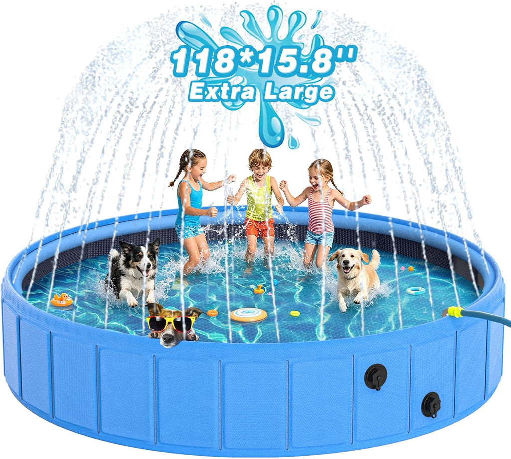 Foldable Dog Pool with Sprinkler, Large Non-Slip PVC Pet Bath, 79 Inch | 2-In-1 Pet Bath and Sprinkler with Non-Slip Base for Dogs and Kids, Ideal for Backyard Cooling, Bathing and Summer Water Play