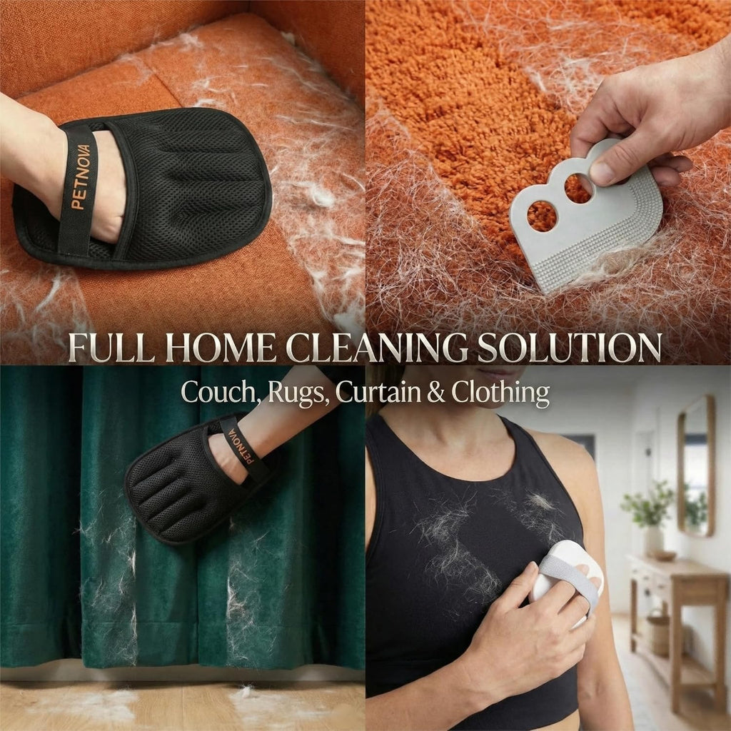 Pet Hair-Removal Glove for Couch: Deep Embedded Hair Removal Kit for Clothing Carpet Bed Curtain Cat Tree & Furniture - Includes Glove Carpet Rake & Reusable Lint Roller