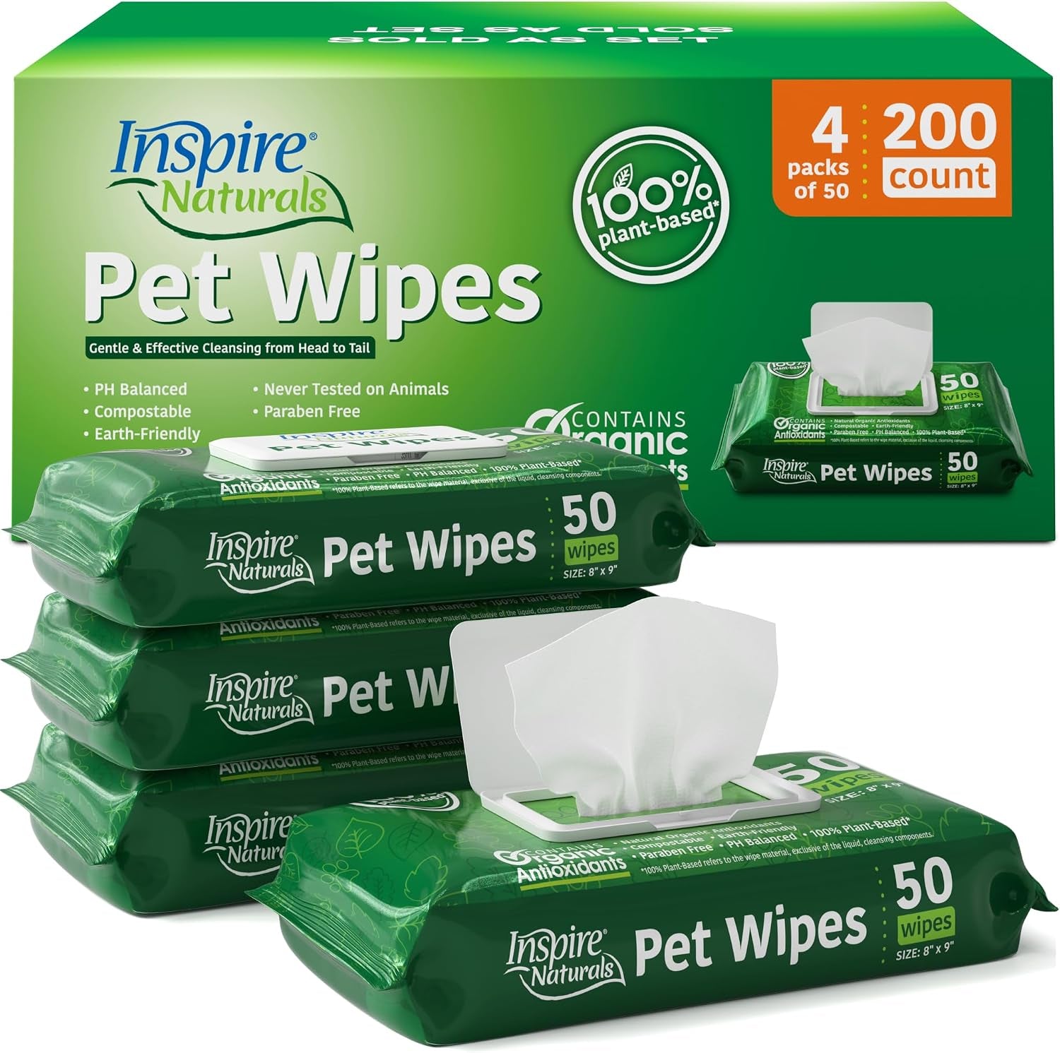 Naturals Pet Wipes for Dogs and Cats 100% Natural Plant Based with Organic Antioxidants, Dog Wipe Cleaning Deodorizing | Puppy Wipes | Dog Wipes for Paws and Butt(100Ct - 2 Pack)