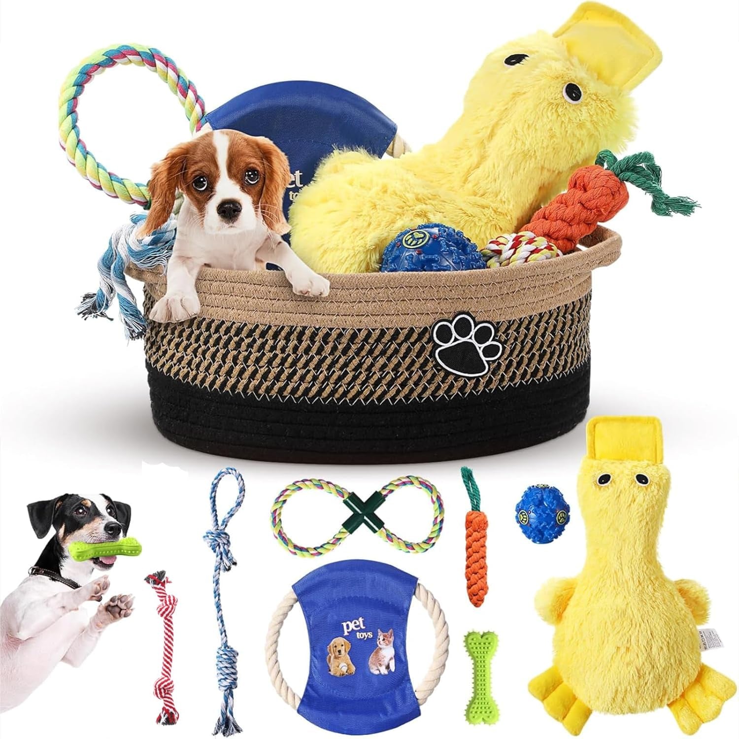 Puppy Dog Toy Gift Storage Basket with Dog Toys Set Chew Toys Birthday Gift Basket Teething Interactive Squeaky Duck for Teething Small Medium Large Dogs(Pink)