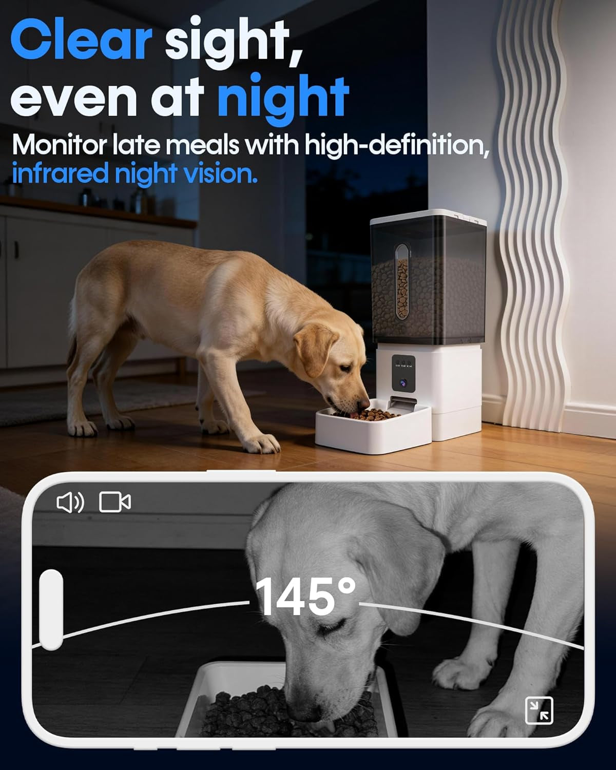 12L Large Dog Automatic Feeder with HD 1080P Camera: 50 Cups/20-Day Food Capacity for Travel & Business Trips - Anti-Clog for 2-18Mm Large Kibble