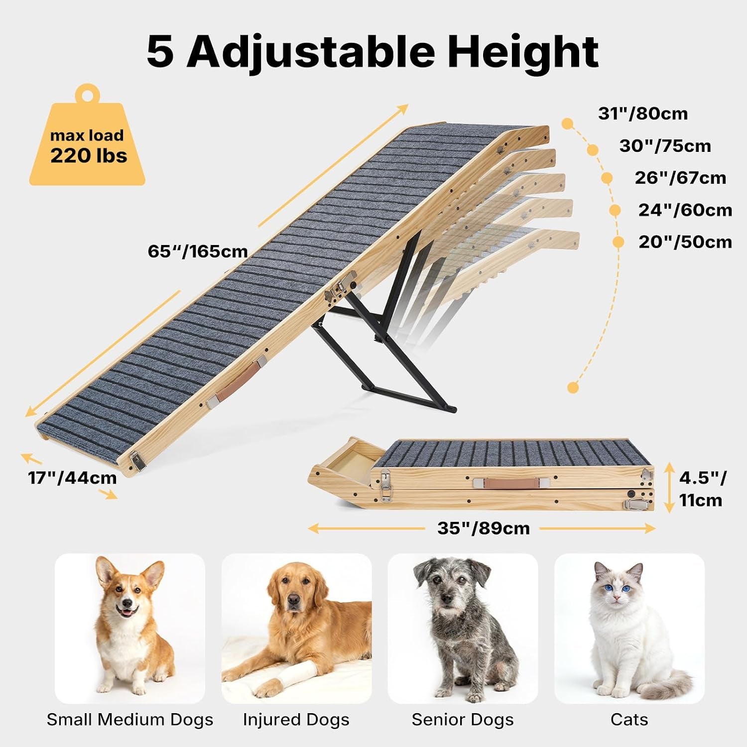 Folding Dog Ramp for Bed Couch for Small Dogs Height 20" to 31" | 65" Long Portable Pet Ramp for Bed Car 5 Adjustable Height Doggie Dachshund Senior Dog Ramps with Steel Bracket, up to 220Lbs