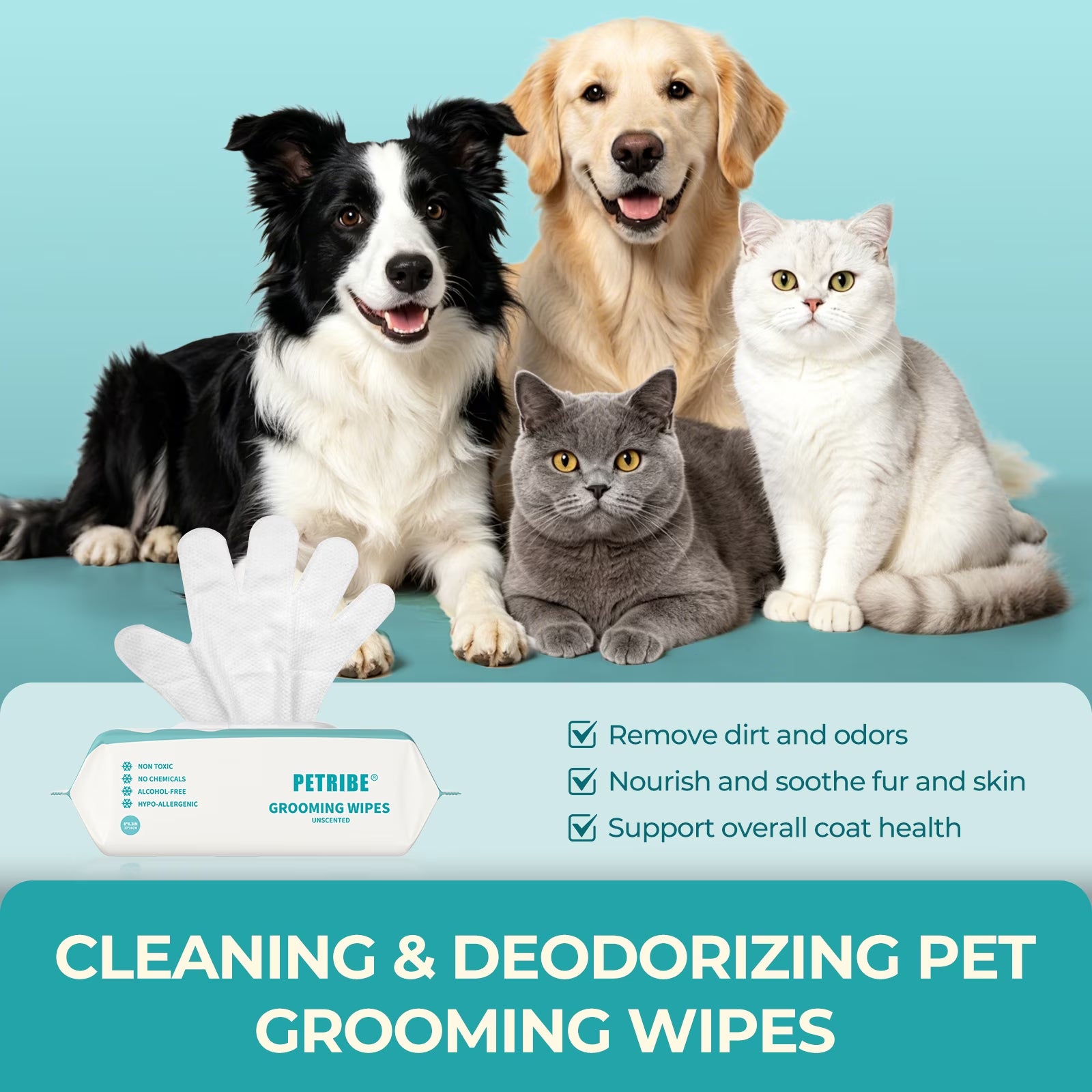 Dog Wipes Cleaning Deodorizing Glove Wipes for Dogs & Cats, 48 Pcs, Coconut Scent, Hypoallergenic Hydrating & Nourish Fur Pet Grooming Glove Wipes, Daily Care & Traveling