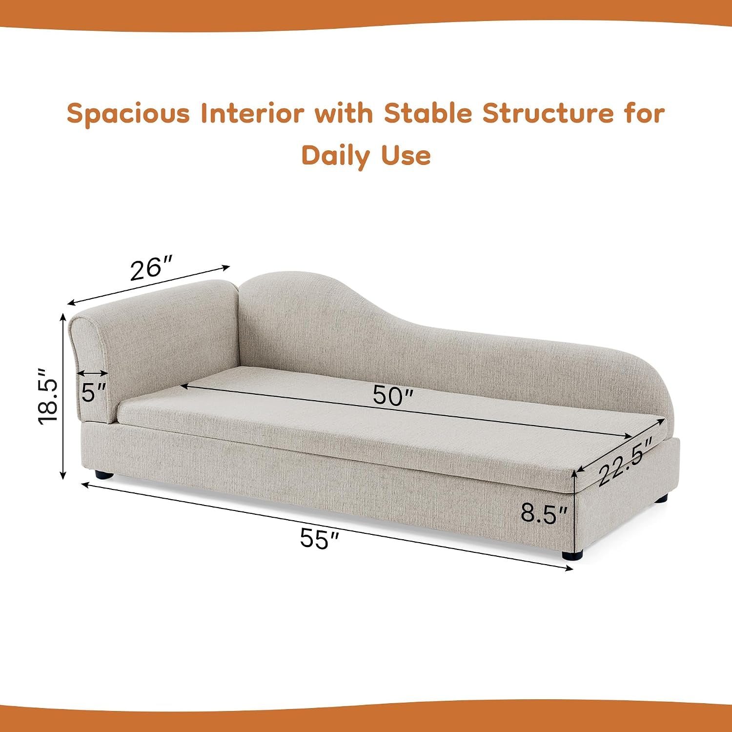 Dog Couch for Medium and Large Dogs, 55 X 26 X 18.5 Inch Pet Sofa Bed with Wave Backrest, Single Armrest, Breathable Linen Cushion, Low Feet, Beige