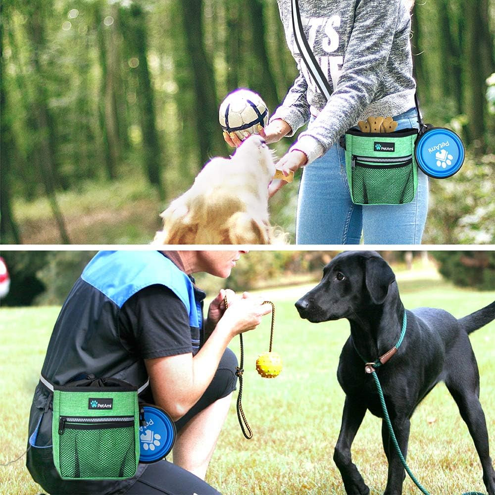 Dog Treat Pouch, Pet Treat Pouch for Training, Dog Walking Bag Holder for Kibbles, Pet Food Toy, Dog Trainer Essentials Supplies, Poop Bag Dispenser, 3 Ways to Wear (Green)