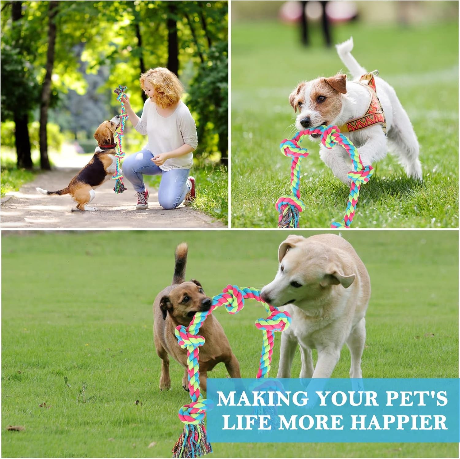 Dog Rope Toys for Large Breed Aggressive Chewers, 37-Inch 5 Knots Indestructible Teeth Cleaning Tug of War Toy，Natural Cotton Tough Premium Rope Toys for Boredom
