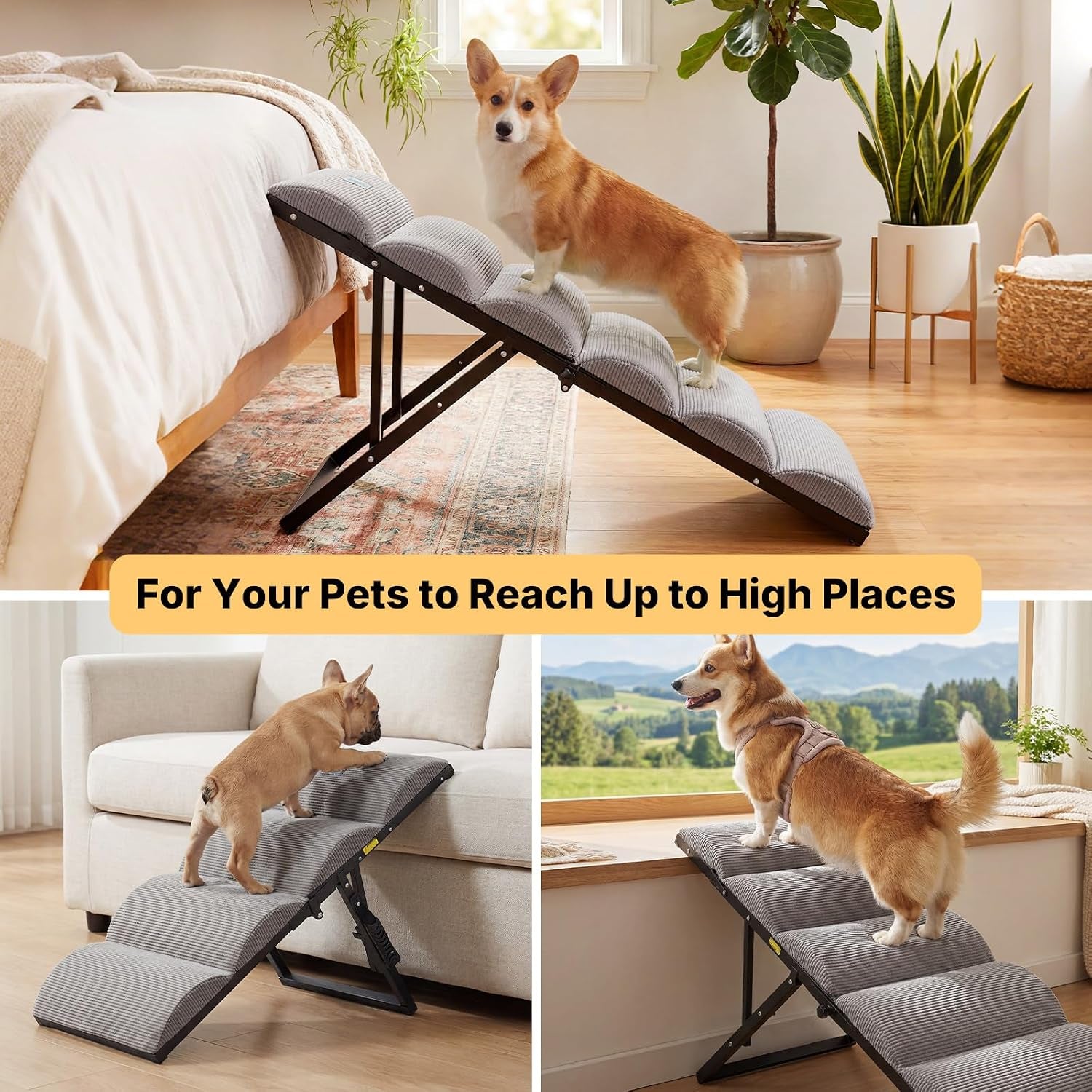 Dog Ramp for Bed Couch Small Large Dogs, Foldable Pet Ramp 12"-20" H | 5 Adjustable Height Portable Dog Ramps for Beds Bedside Folding Doggy Stairs Metal Frame for Senior Dogs, up to 130Lbs
