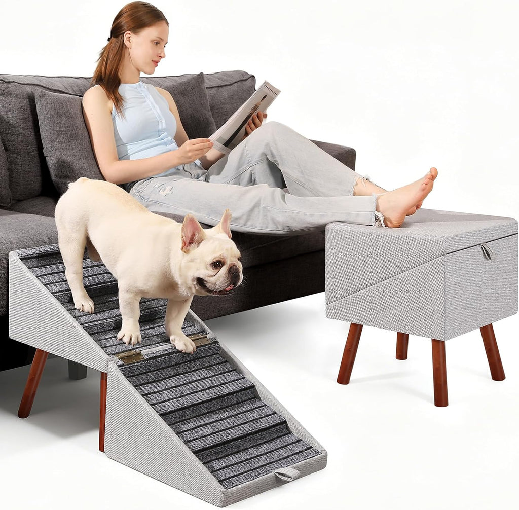 2-In-1 Foldable Ottoman Dog Ramp for Couch(6-Steps) | Convertible Folding Dog Stairs for Couch and Bed,Non-Slip Wooden Pet Stairs for Puppy Senior Injured Dogs