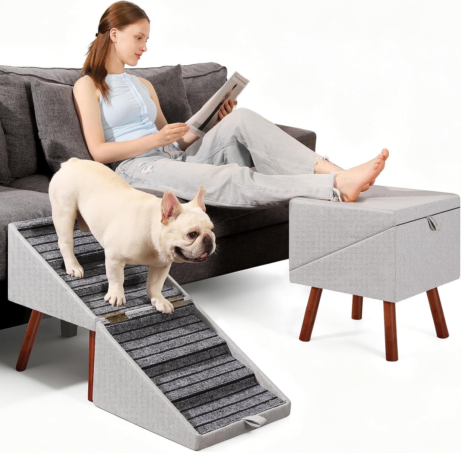 2-In-1 Foldable Ottoman Dog Ramp for Couch(6-Steps) | Convertible Folding Dog Stairs for Couch and Bed,Non-Slip Wooden Pet Stairs for Puppy Senior Injured Dogs