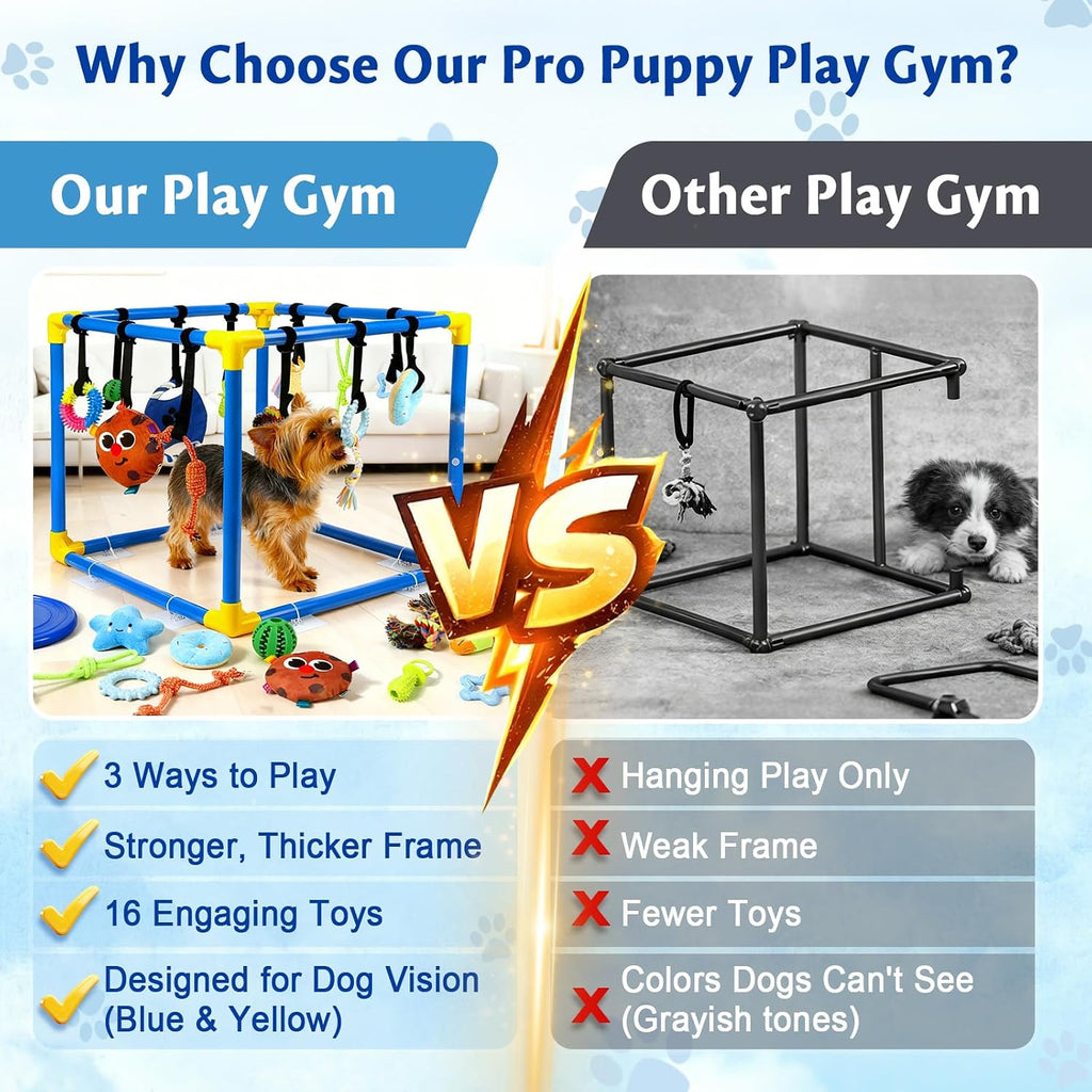Puppy Play Gym with 16 Toys, Removable Dog Enrichment Playground, Interactive Indoor Training Activity Center for Small Dogs & Puppies, Teething & with Squeaky Toys, 12 Hanging Toys+4 Floor Toys