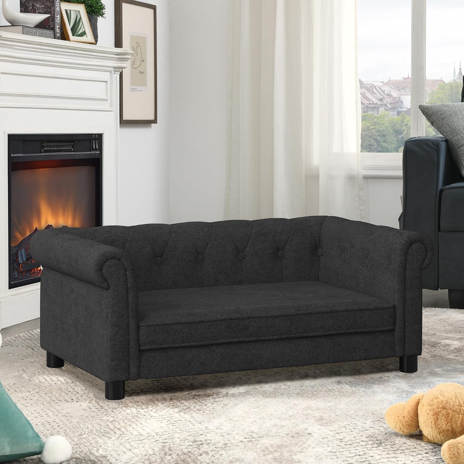Pet Bed Dog Sofa,39" Pet Couches with Backrest and Armrests,Dog Sofa Bed for Small and Medium-Sized Dogs W/Linen Fabric,Black