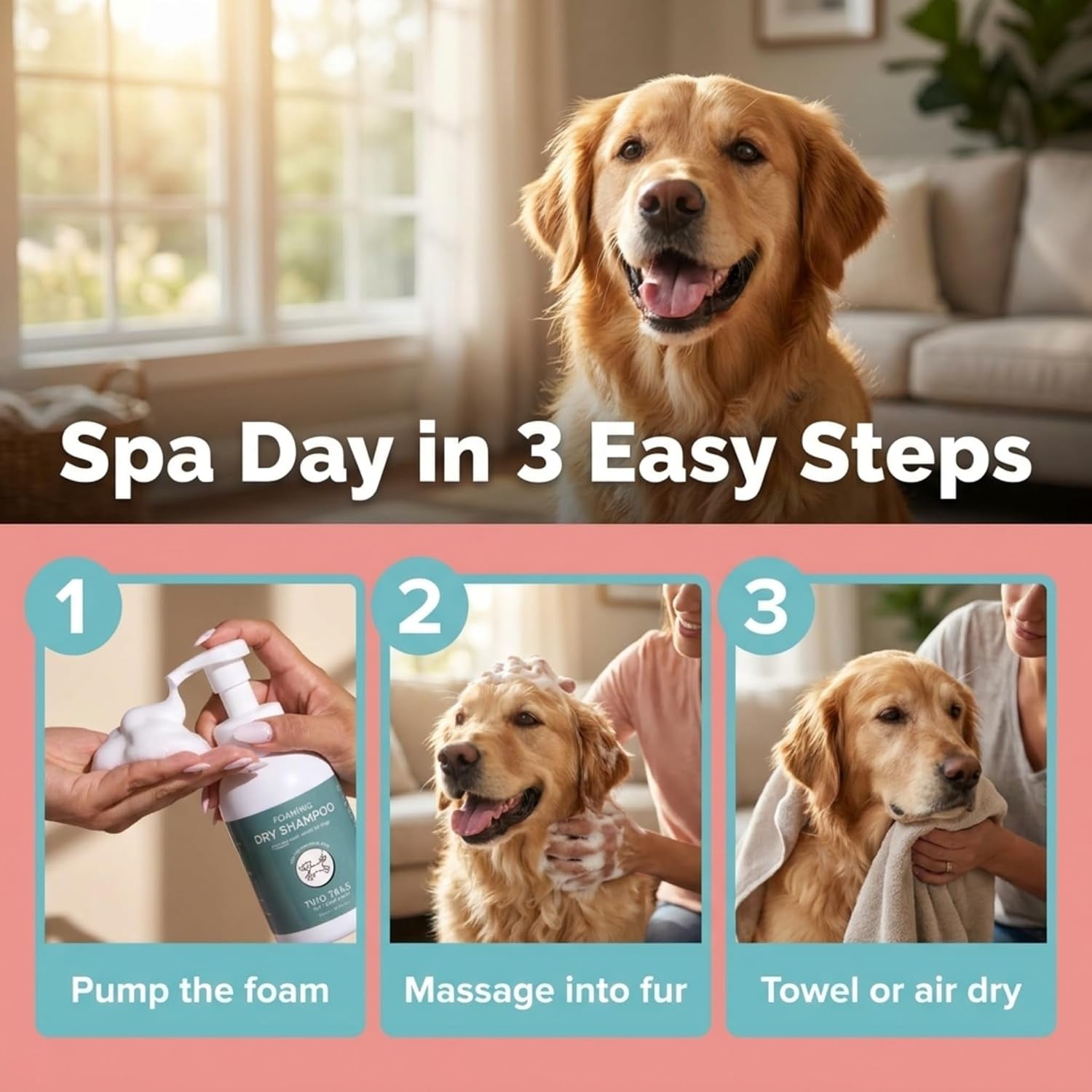 Two Tails Foaming Dry Dog Shampoo, Waterless No-Rinse, 10.55 FL OZ | Coat Refresher & Deodorizing Foam; Gentle for Sensitive Skin; No-Rinse Waterless Formula.